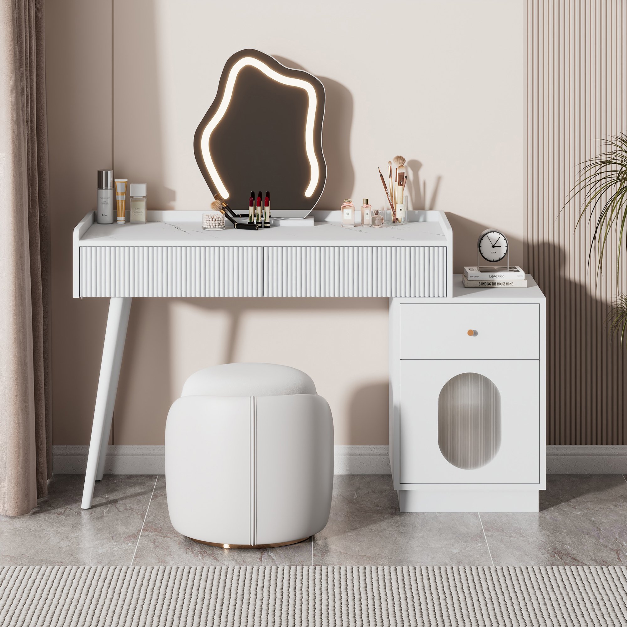 Tavolo Da Trucco Con Specchio Illuminato A LED Touch, Toeletta Con 3 Modalità Di Illuminazione A Colori, Postazione Trucco Con 3 Cassetti, Armadietto E Stazione Di Ricarica, Per Camera Da Letto