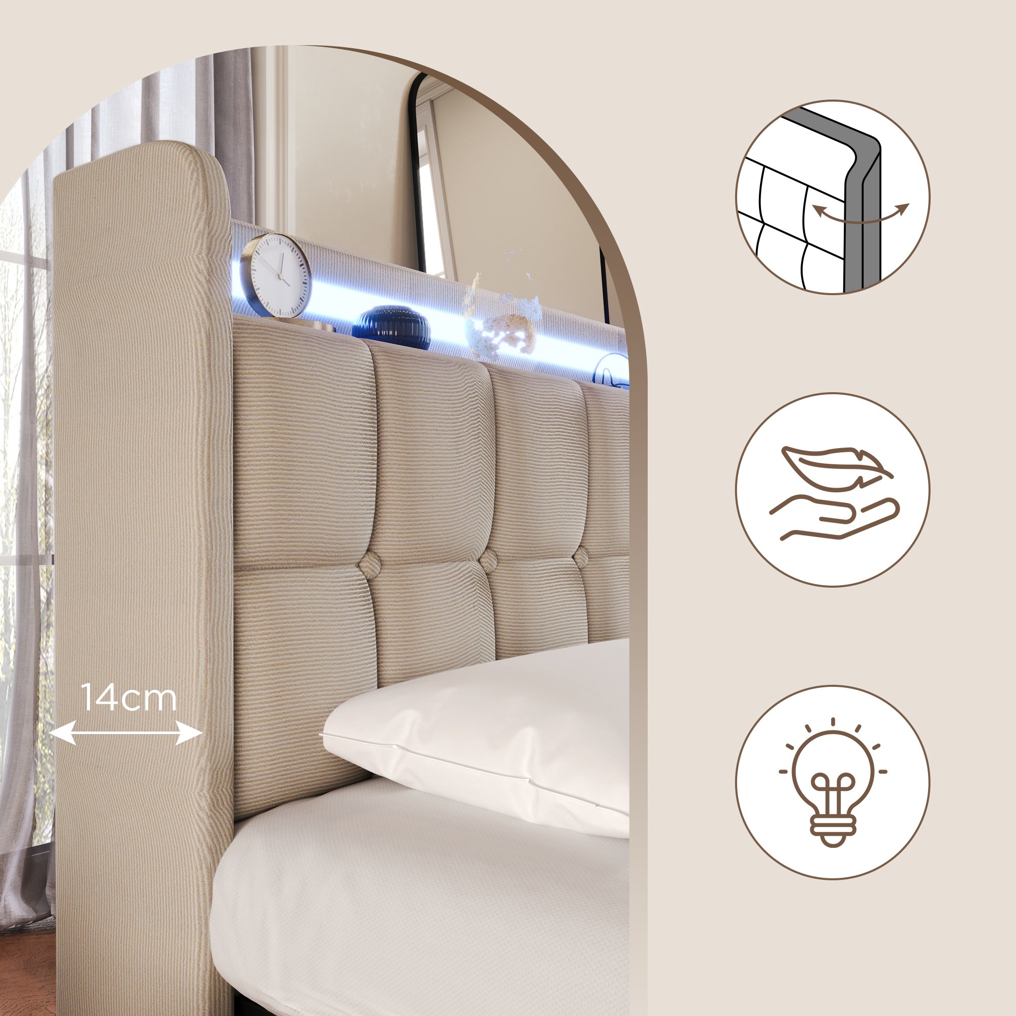 Testiera Aheaplus Con Contenitore E Luci LED, 3 Prese E 2 USB, Altezza Regolabile, Per Letto Matrimoniale - 3