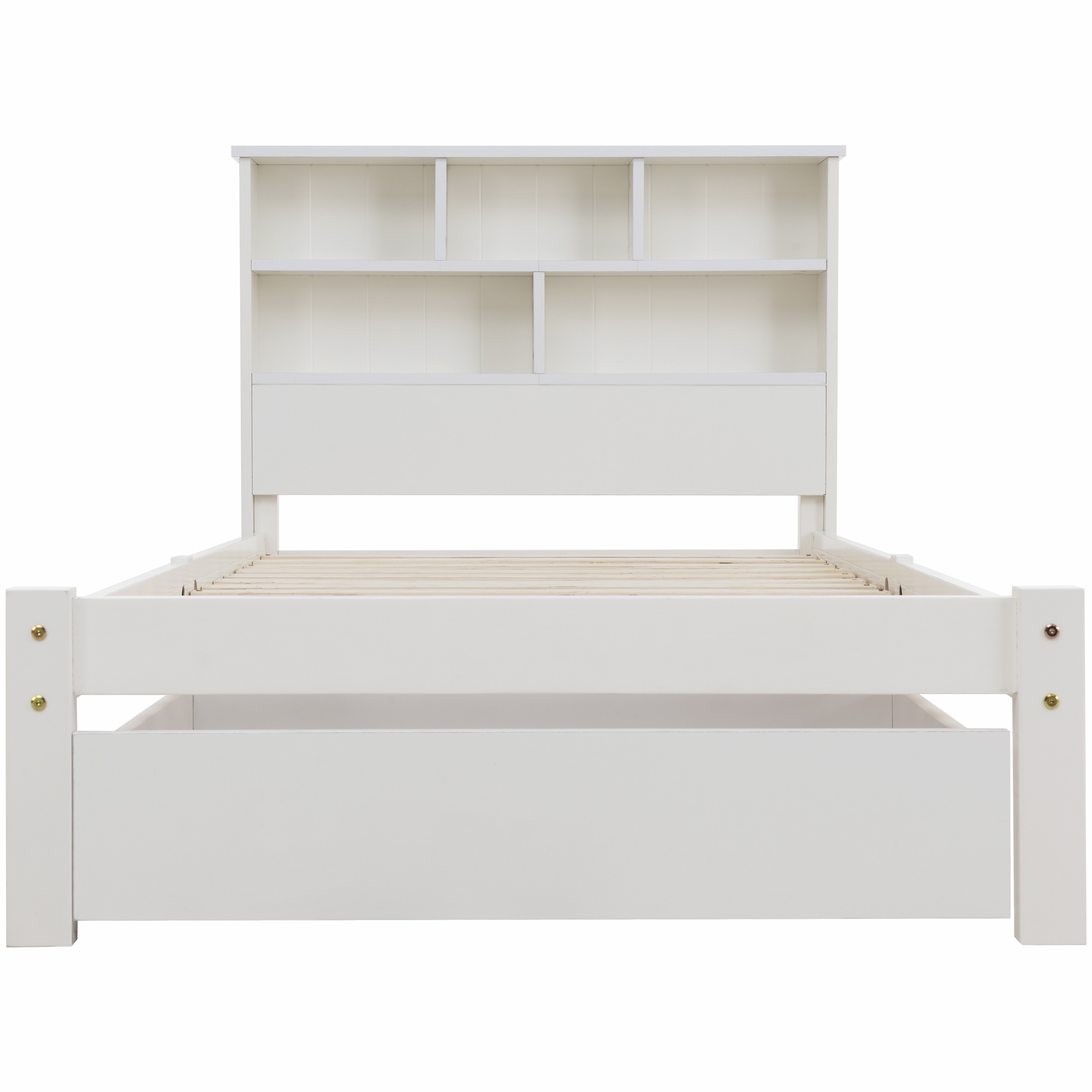 Cama Individual con 1 Cajón y Somier de Láminas Cabezal con Estantes Sin Colchón 90x200 cm Blanco