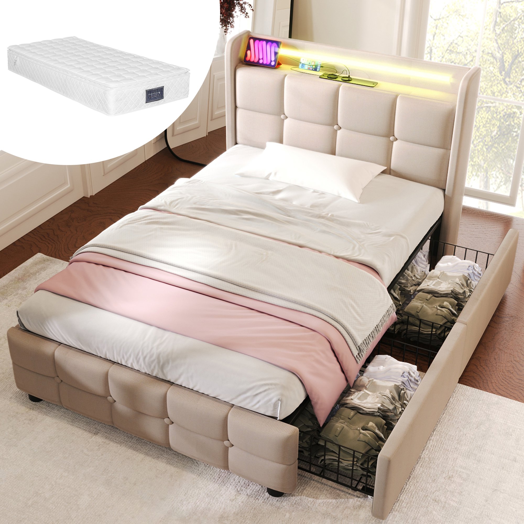 Letto Matrimoniale Queen Size Con LED RGB E Porta USB, Contenitore Sottostante - Velluto Beige 160x200 Cm - 3