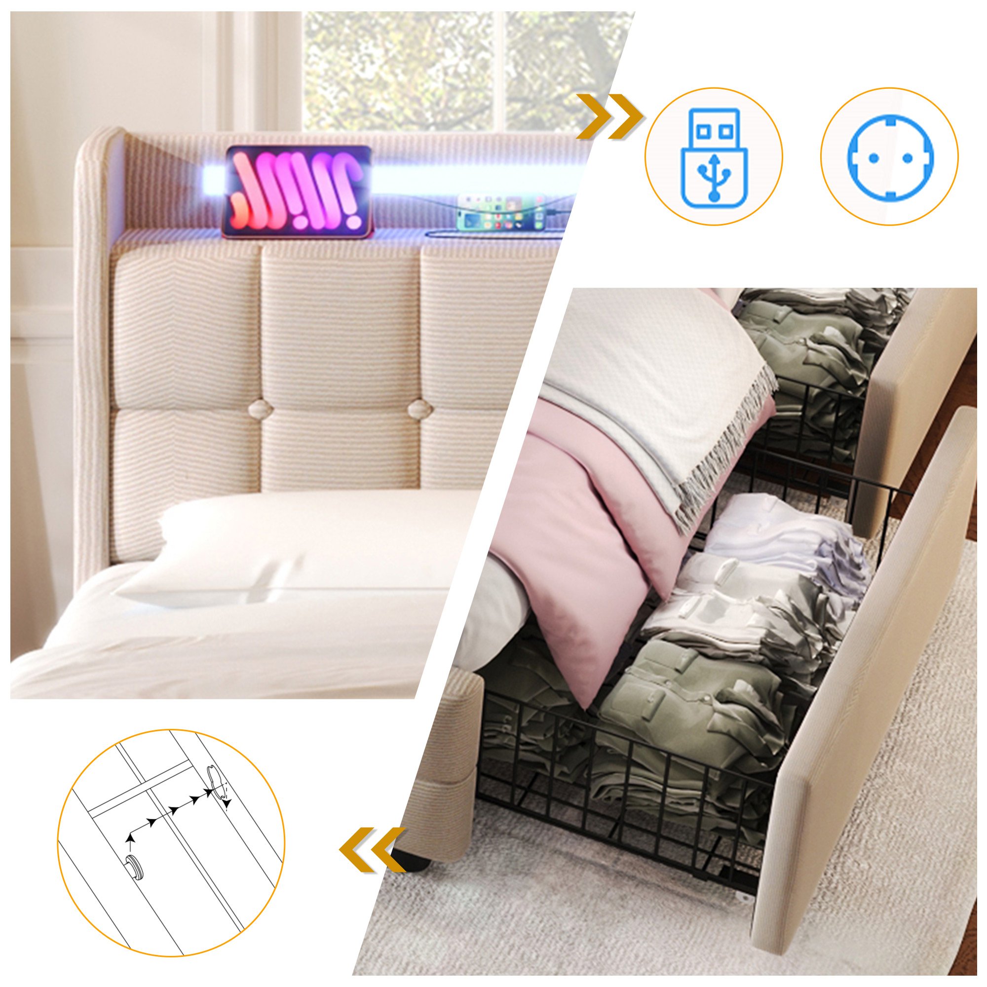 Lexiou Letto Singolo Con USB, Cassetti E Armadietto, 90x200 Cm, Senza Materasso