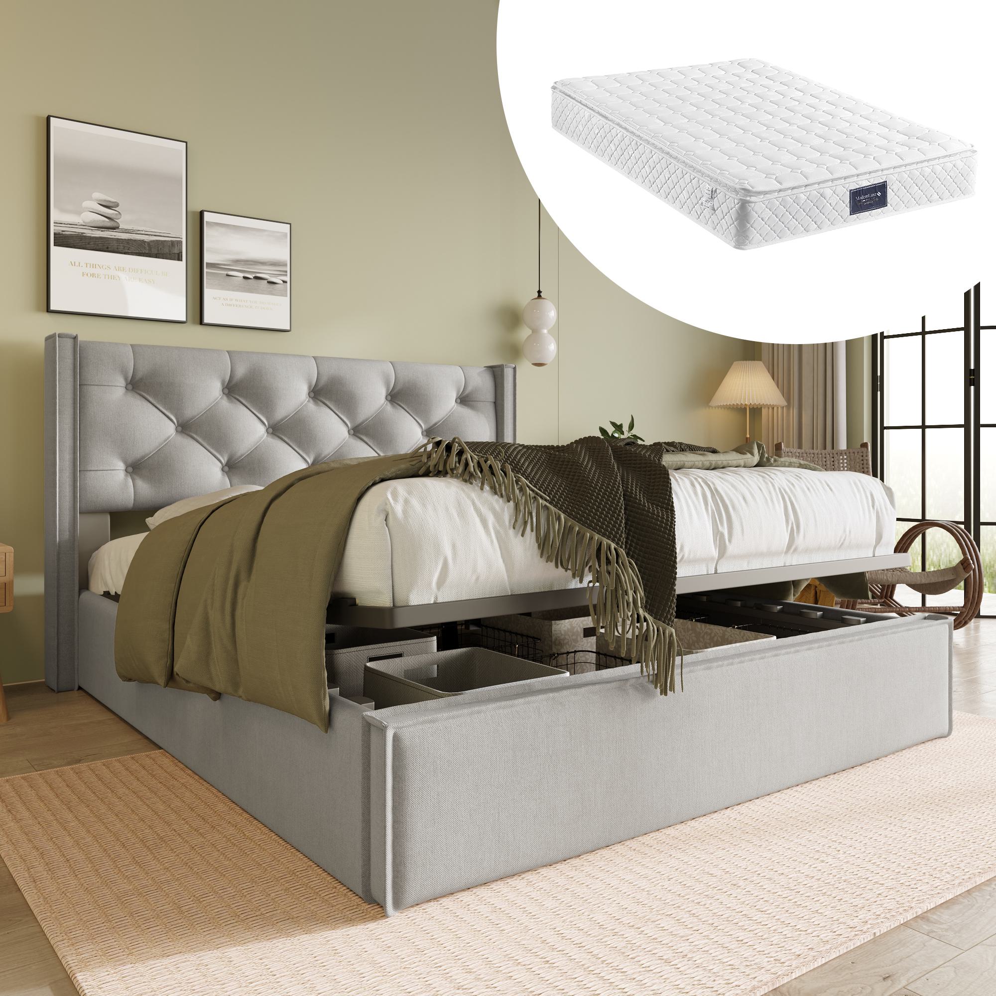 Letto Matrimoniale Imbottito Coofre - 160 X 200 - Testiera Con LED E Usb 4 Cassetti Con Materasso Legno Cotone Metallo Beige