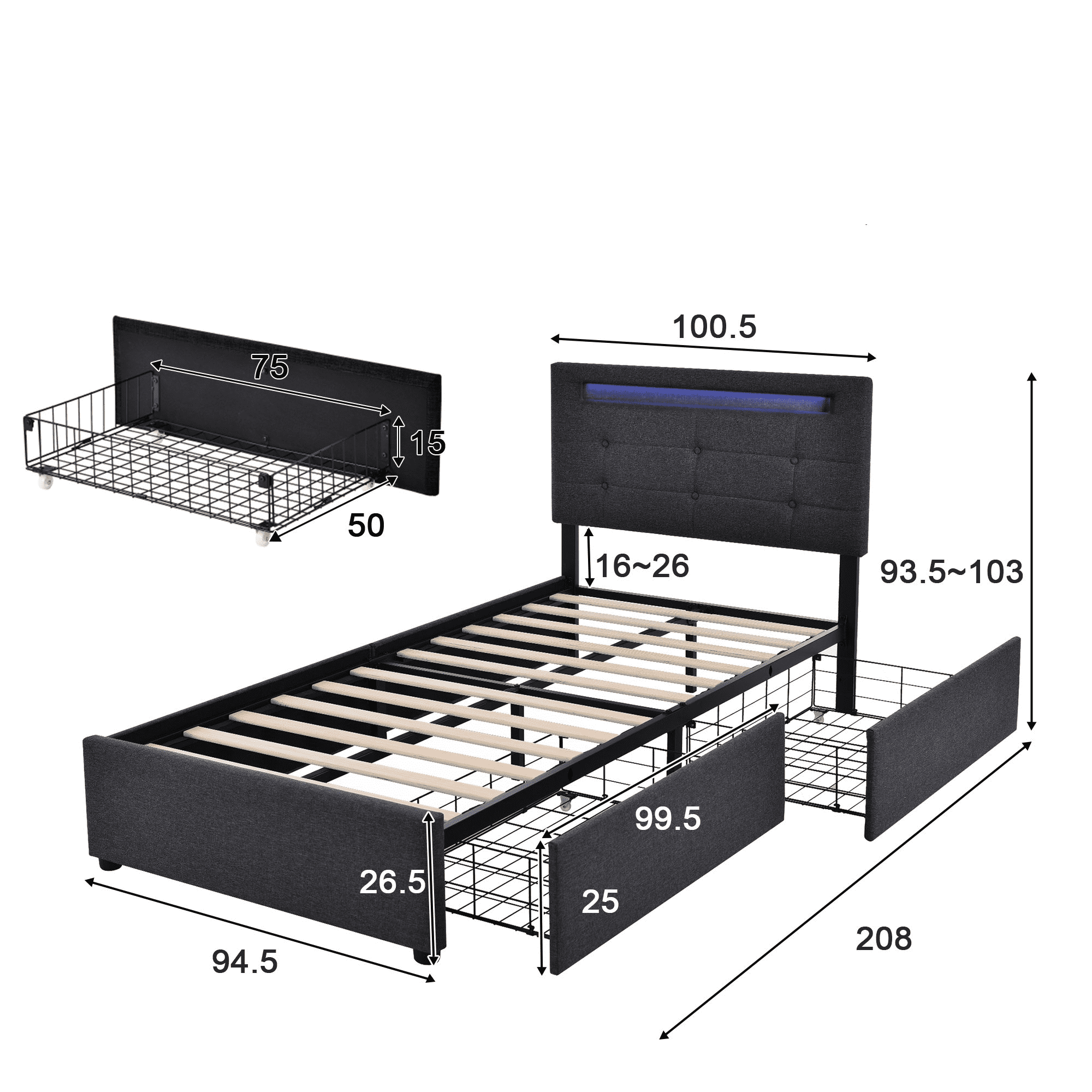 Letto Singolo Imbottito CARO-Möbel Himalaya Con Illuminazione A LED E Telecomando. 90x200 Cm, Con Rete A Doghe Inclusa, Tessuto Grigio.