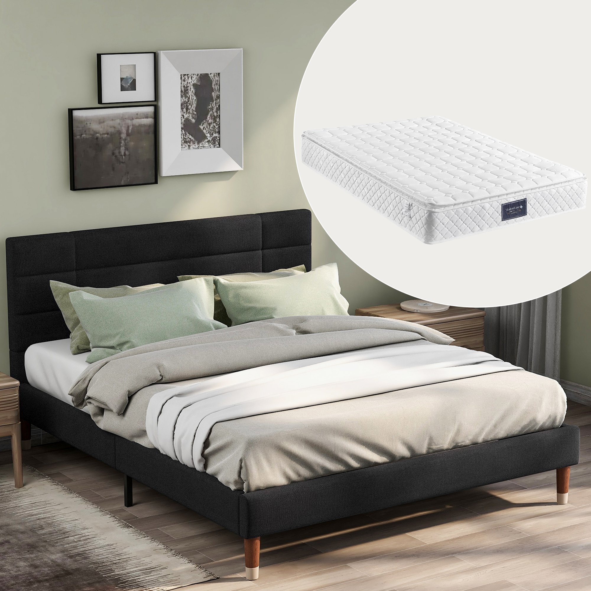 Letto matrimoniale, letto idraulico con LED e contenitore, testiera