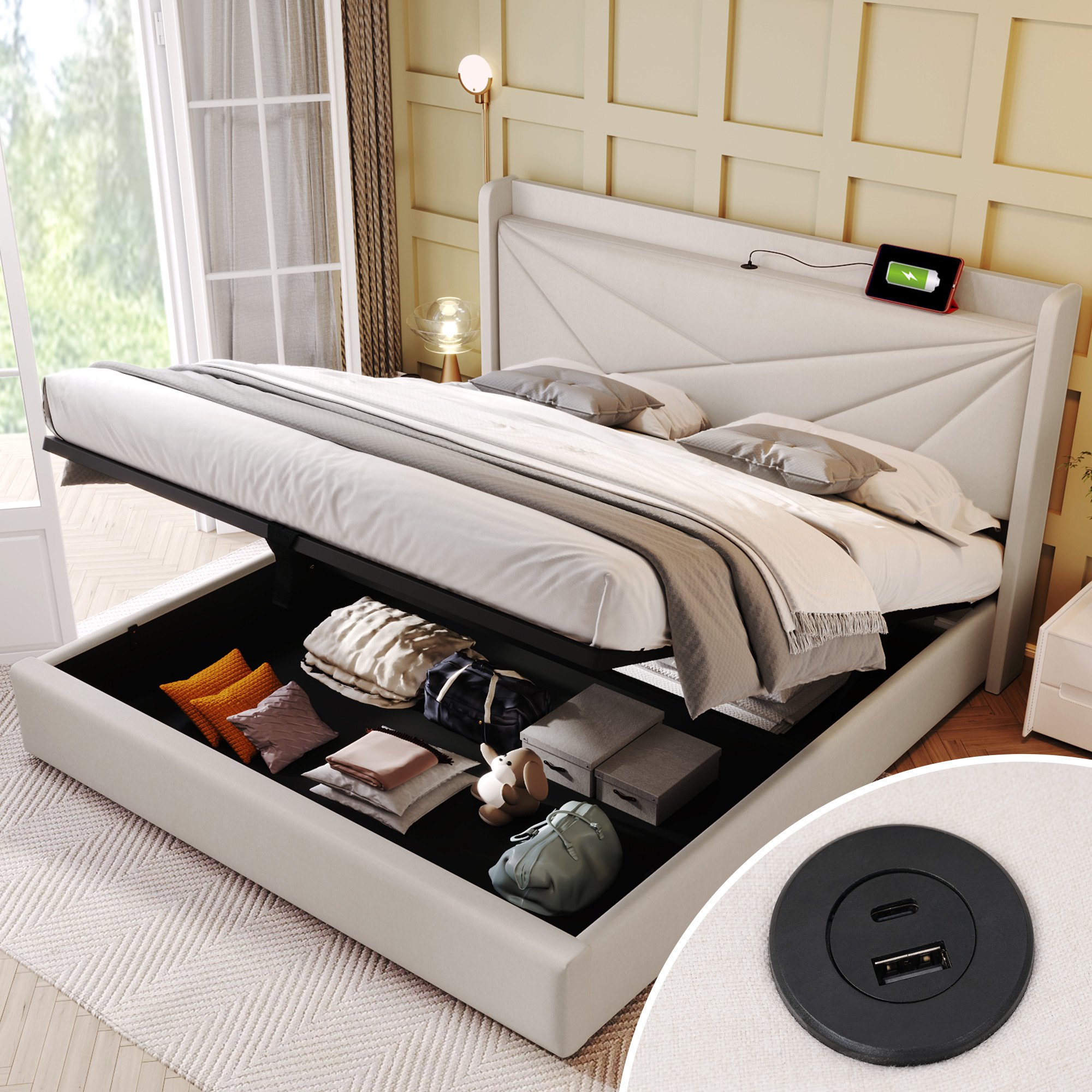 Letto con contenitore 200 x 200 cm Velluto a coste Beige + Materasso
