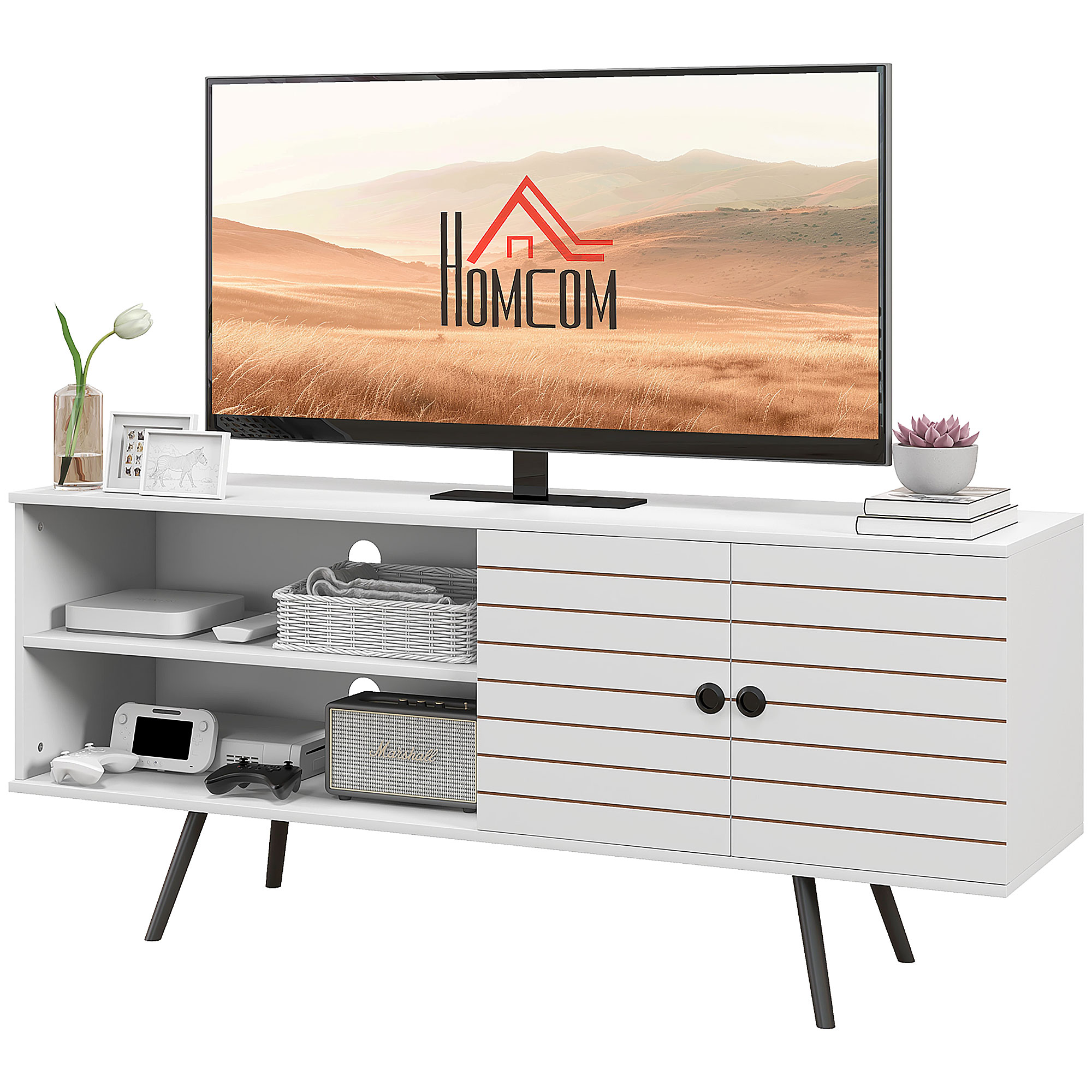 HOMCOM Mueble de TV para Televisores de 65 Pulgadas Moderno con 2 Estantes Abiertos y 1 Estante Ajustable 145x38x65 cm Blanco