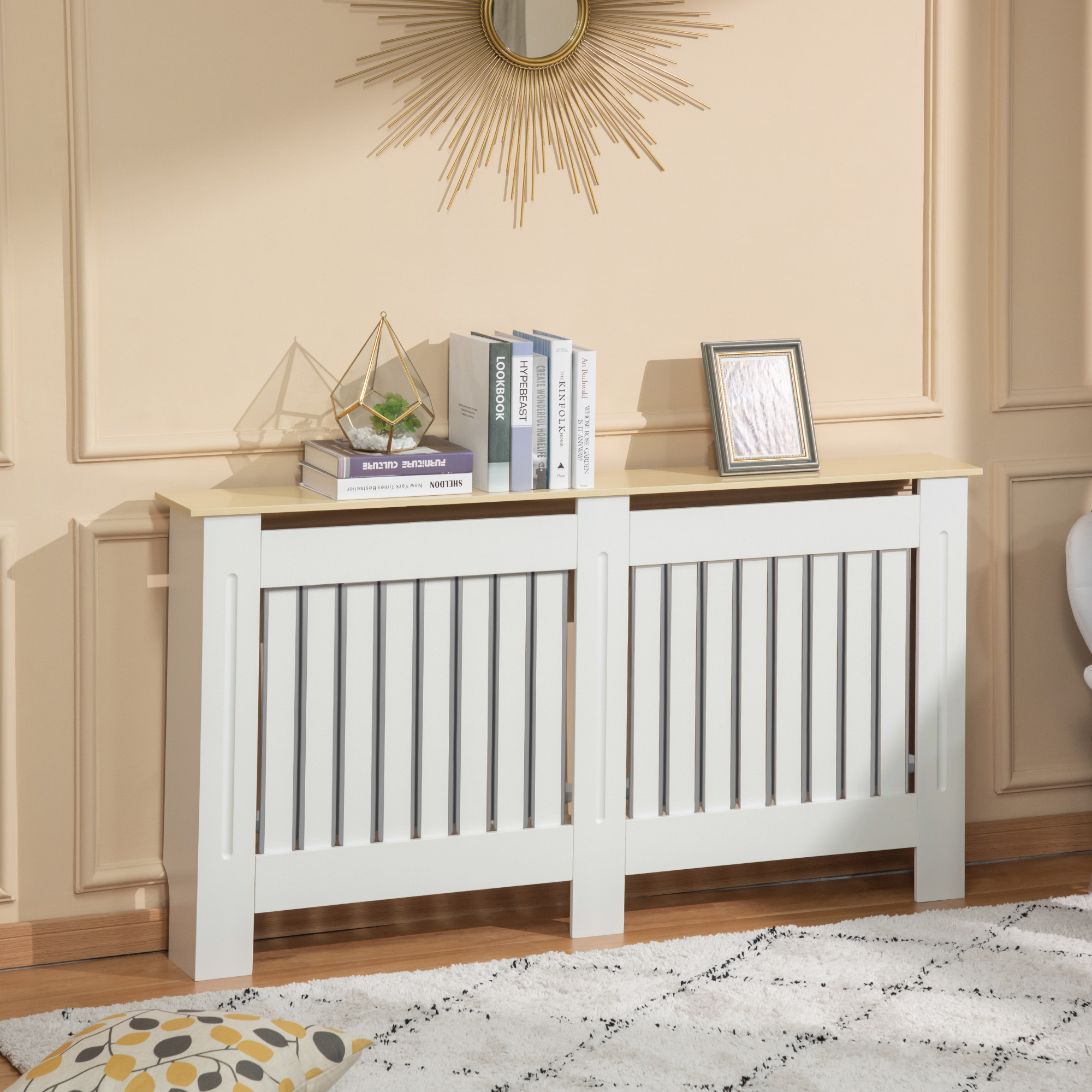 Cubrerradiador Con Estante HOMCOM 152x19x81 Cm - MDF Blanco, Diseño Listones, Protección Y Decoración