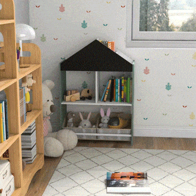 ZONEKIZ Estante para Brinquedos Organizador Infantil com Prateleiras Abertas e 2 Caixas de Tecido não Tecido Amovíveis 62,4x26,5x90 cm Verde