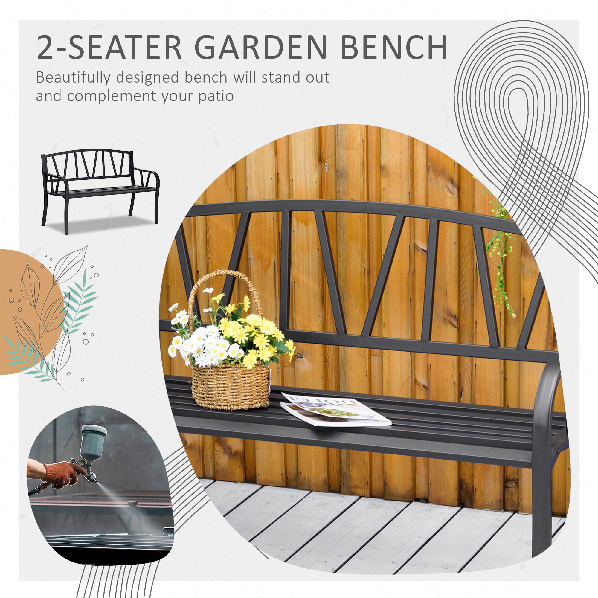 Outsunny 2-Seater Garden Bench with Cushion, Metal Loveseat, Slatted Outdoor Park Chair with Decorative Backrest and Armrest, Black 4