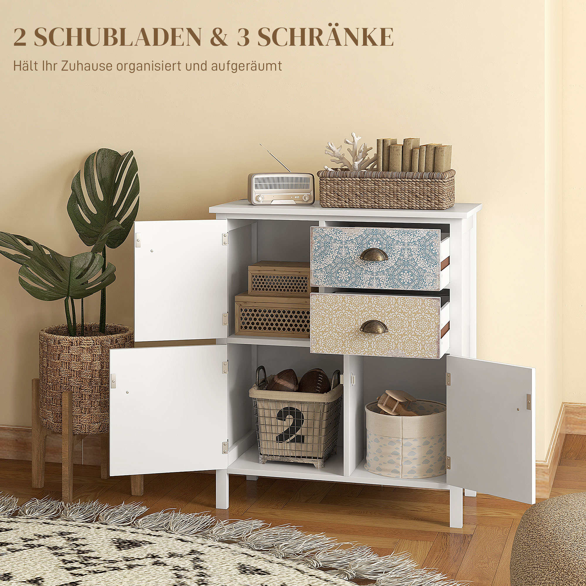Kummut, shabby chic stiilis, 2 sahtlit, 3 kapiosa, männipuit, 68x34x80cm, valge