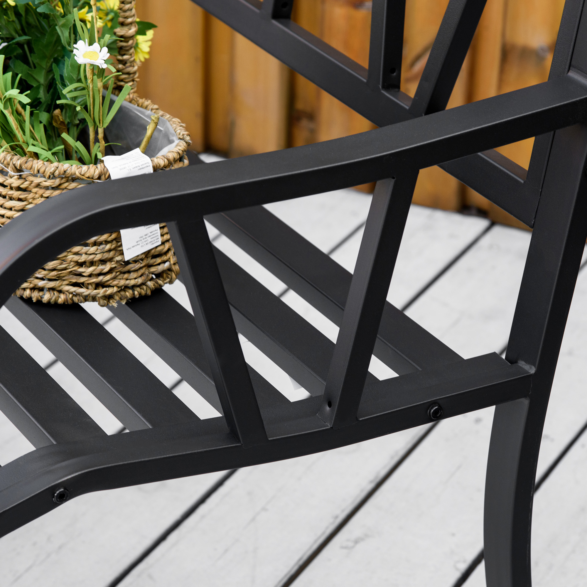 Outsunny 2-Seater Garden Bench with Cushion, Metal Loveseat, Slatted Outdoor Park Chair with Decorative Backrest and Armrest, Black 8