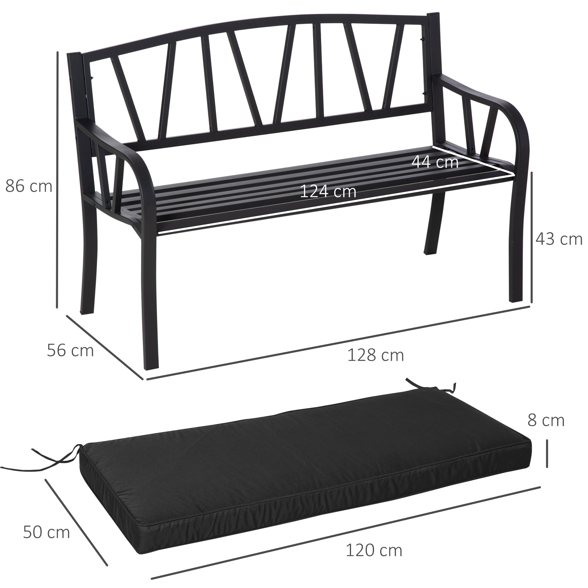 Outsunny 2-Seater Garden Bench with Cushion, Metal Loveseat, Slatted Outdoor Park Chair with Decorative Backrest and Armrest, Black 3