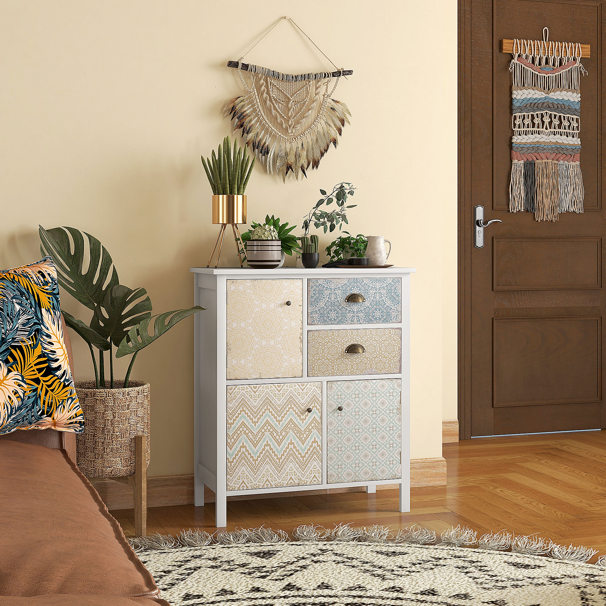 Kummut, shabby chic stiilis, 2 sahtlit, 3 kapiosa, männipuit, 68x34x80cm, valge