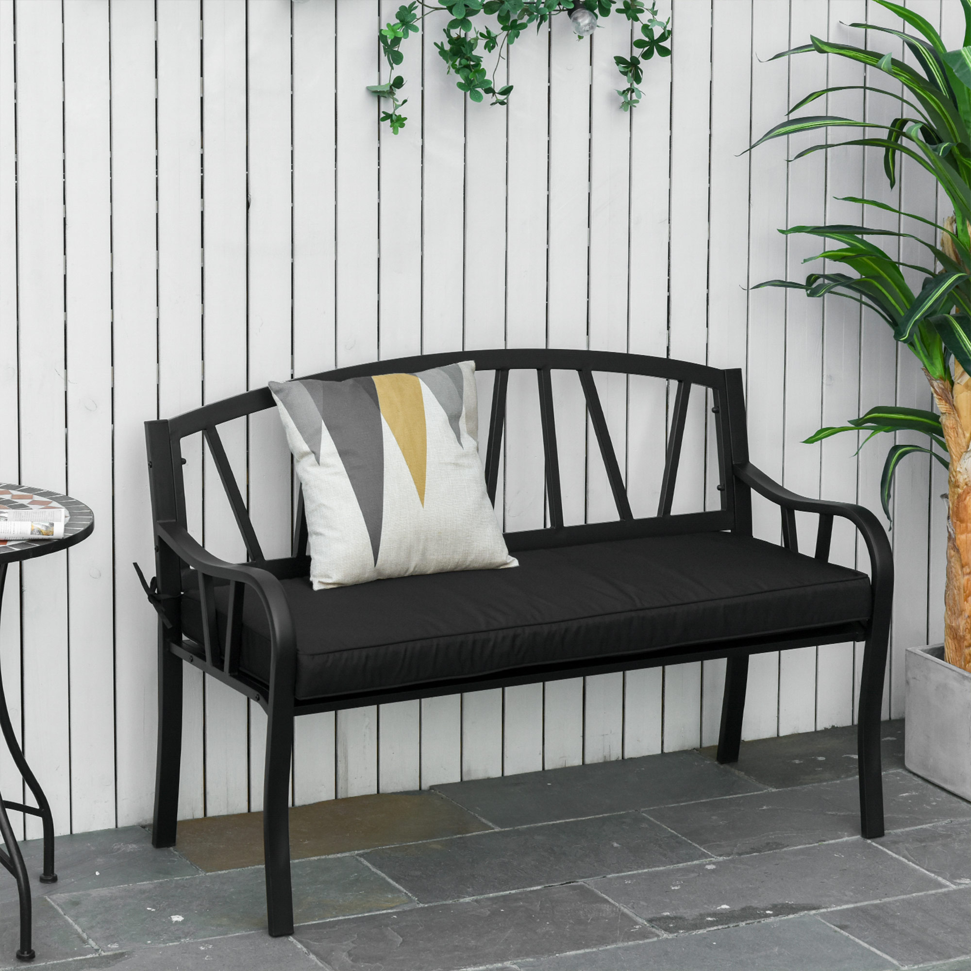 Outsunny 2-Seater Garden Bench with Cushion, Metal Loveseat, Slatted Outdoor Park Chair with Decorative Backrest and Armrest, Black 2
