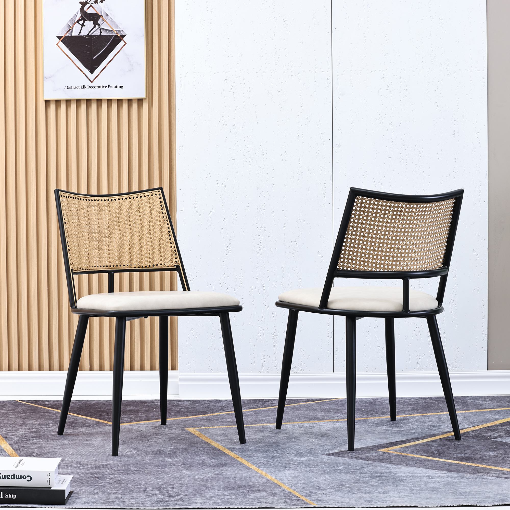 Sedia Da Pranzo In Rattan E Pelle, Con Struttura In Metallo, Seduta Imbottita, Design Moderno