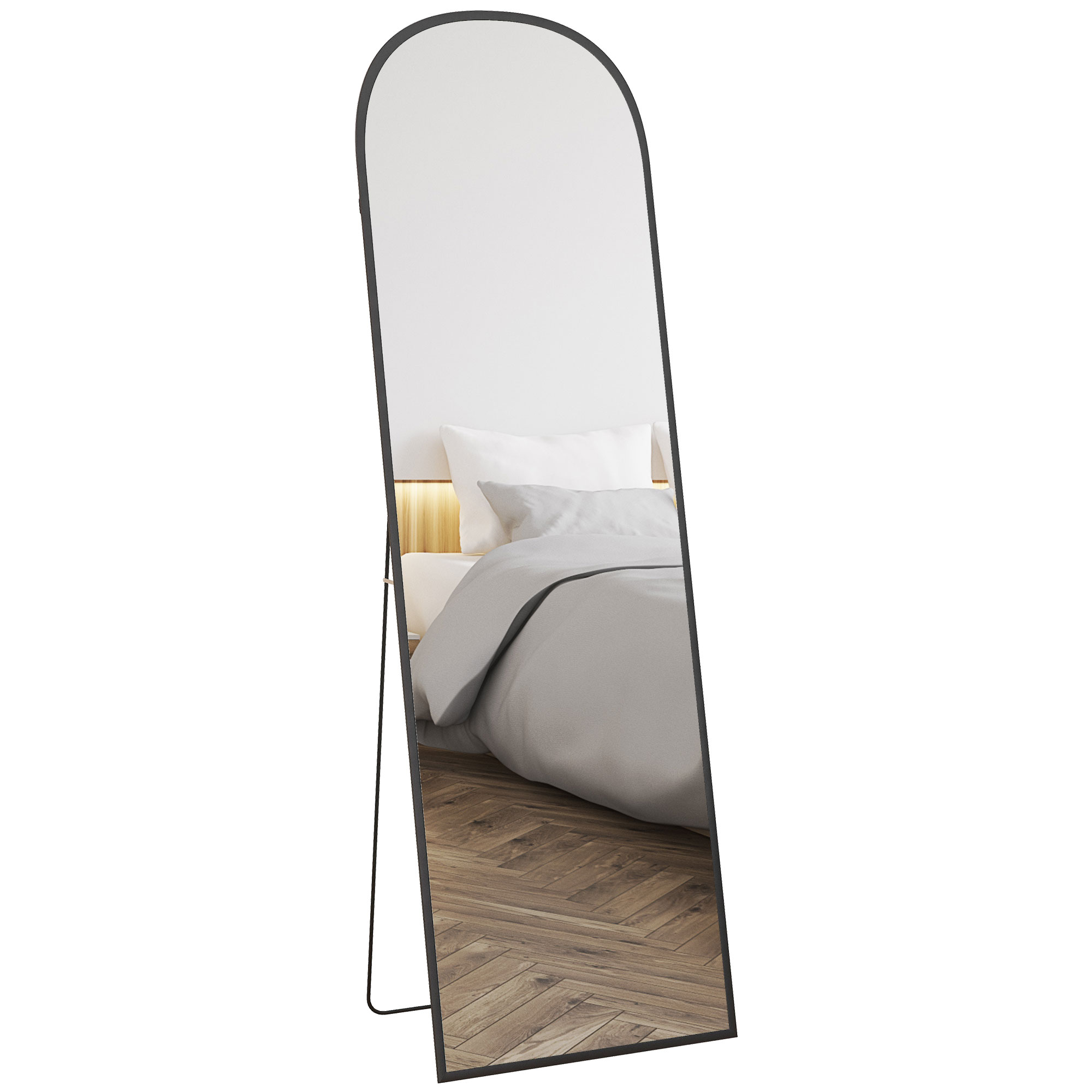 HOMCOM Oglindă de Podea și Perete, Oglindă Modernă cu Structură din Aliaj de Aluminiu și Suport Pliabil, 50x161.5 cm, Negru | Aosom Romania