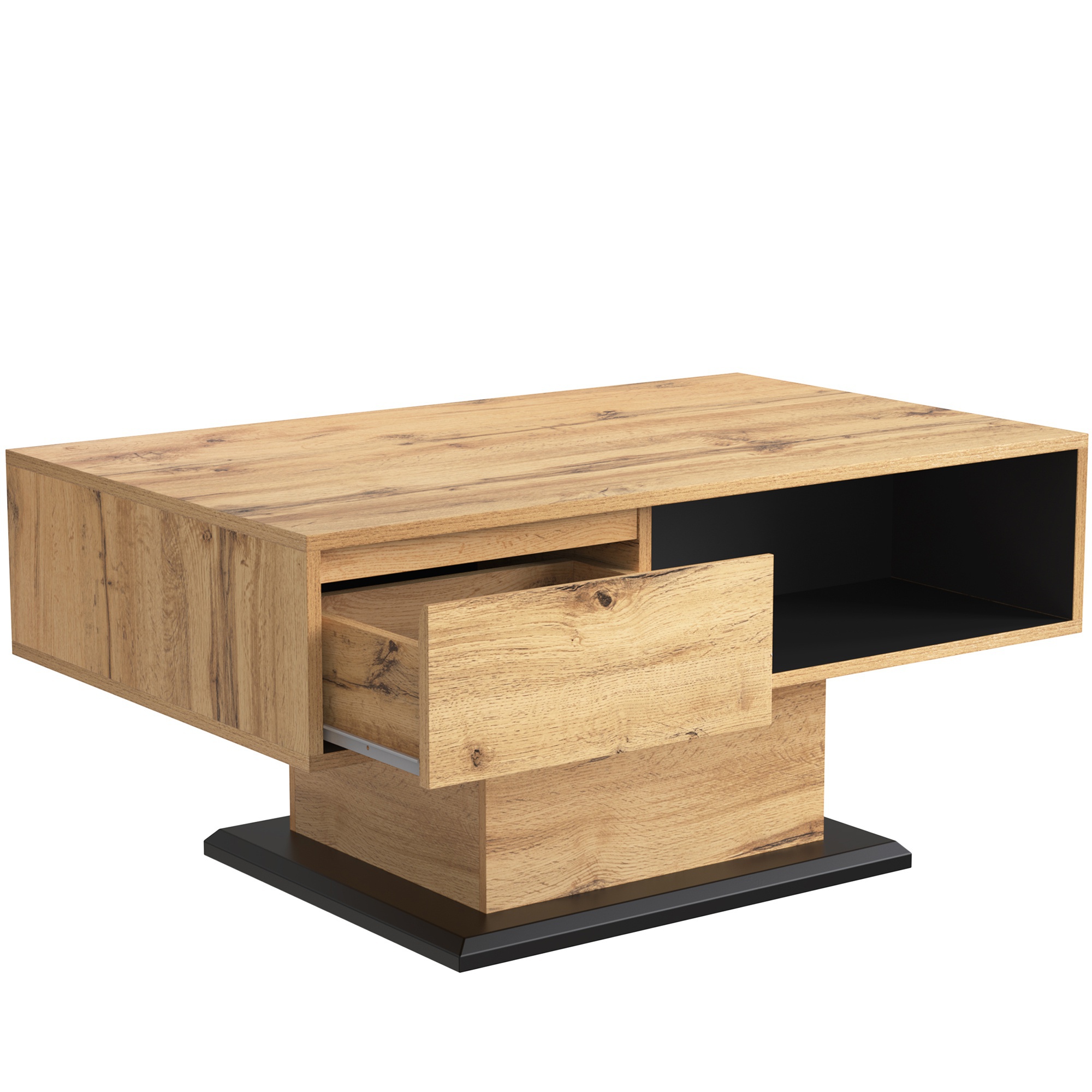 Table basse en forme de nuage avec compartiments de rangement ouverts et tiroir matériaux de