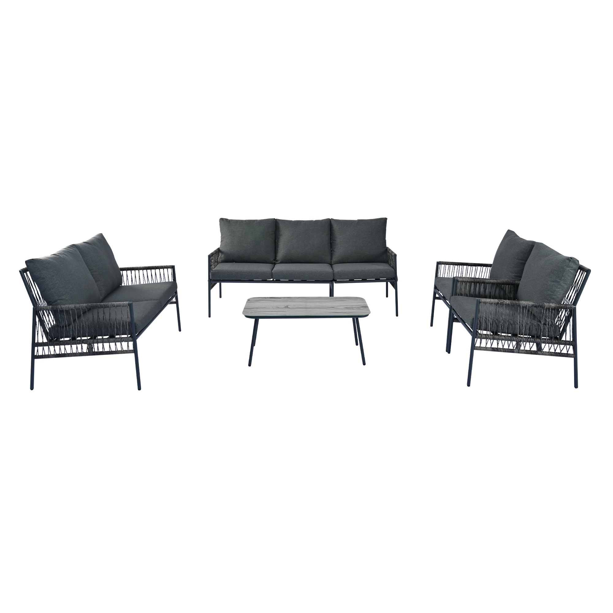 Set mobilier de grădină 7 locuri din PE-ratan și oțel zincat, măsuță cu blat din sticlă temperată cu efect lemn, perne lavabile, Gri