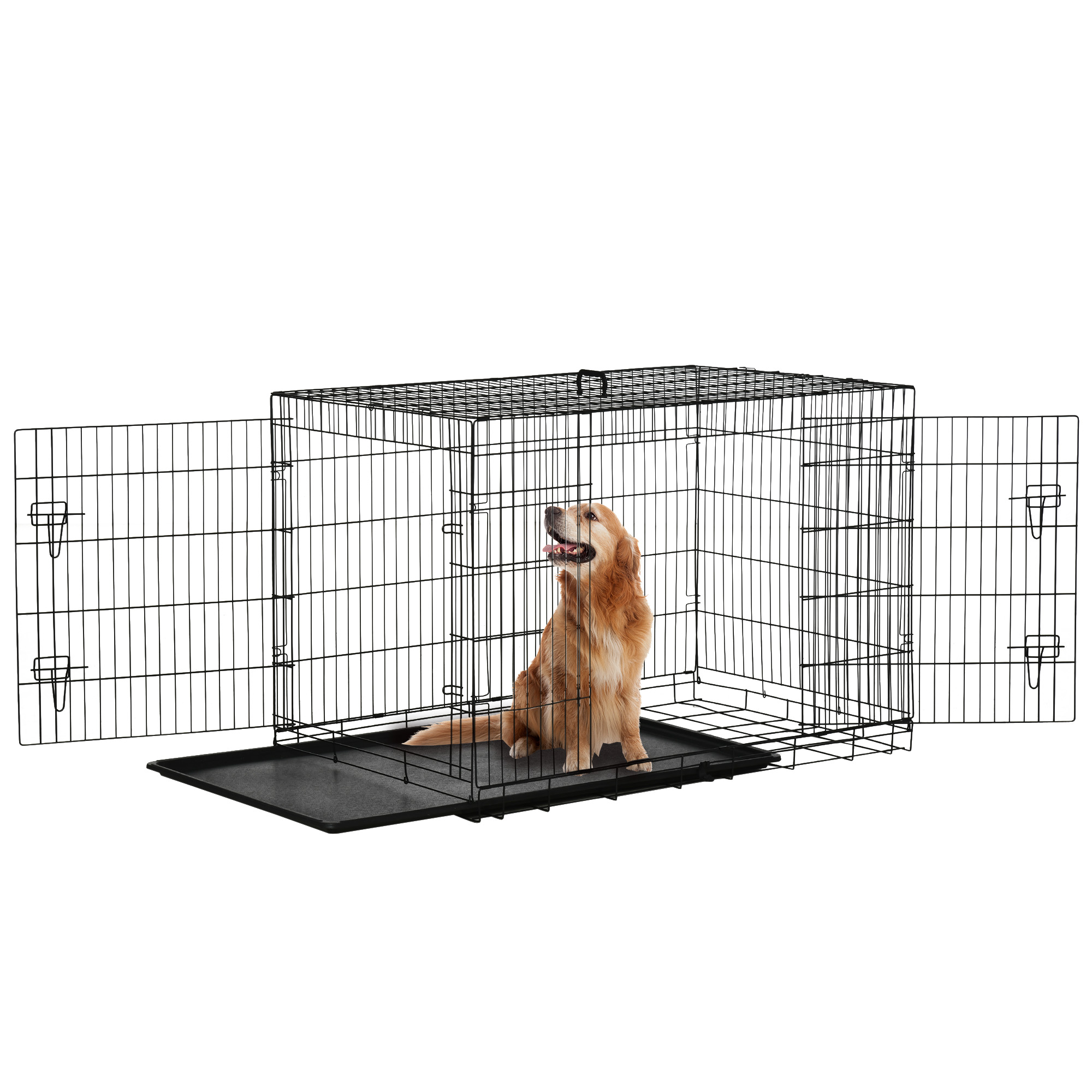 PawHut Gabbia per Animali Domestici Trasportino per Cani e Gatti Pieghevole in Acciaio Doppia Apertura 117 × 74.5 × 81cm Nero Aosom