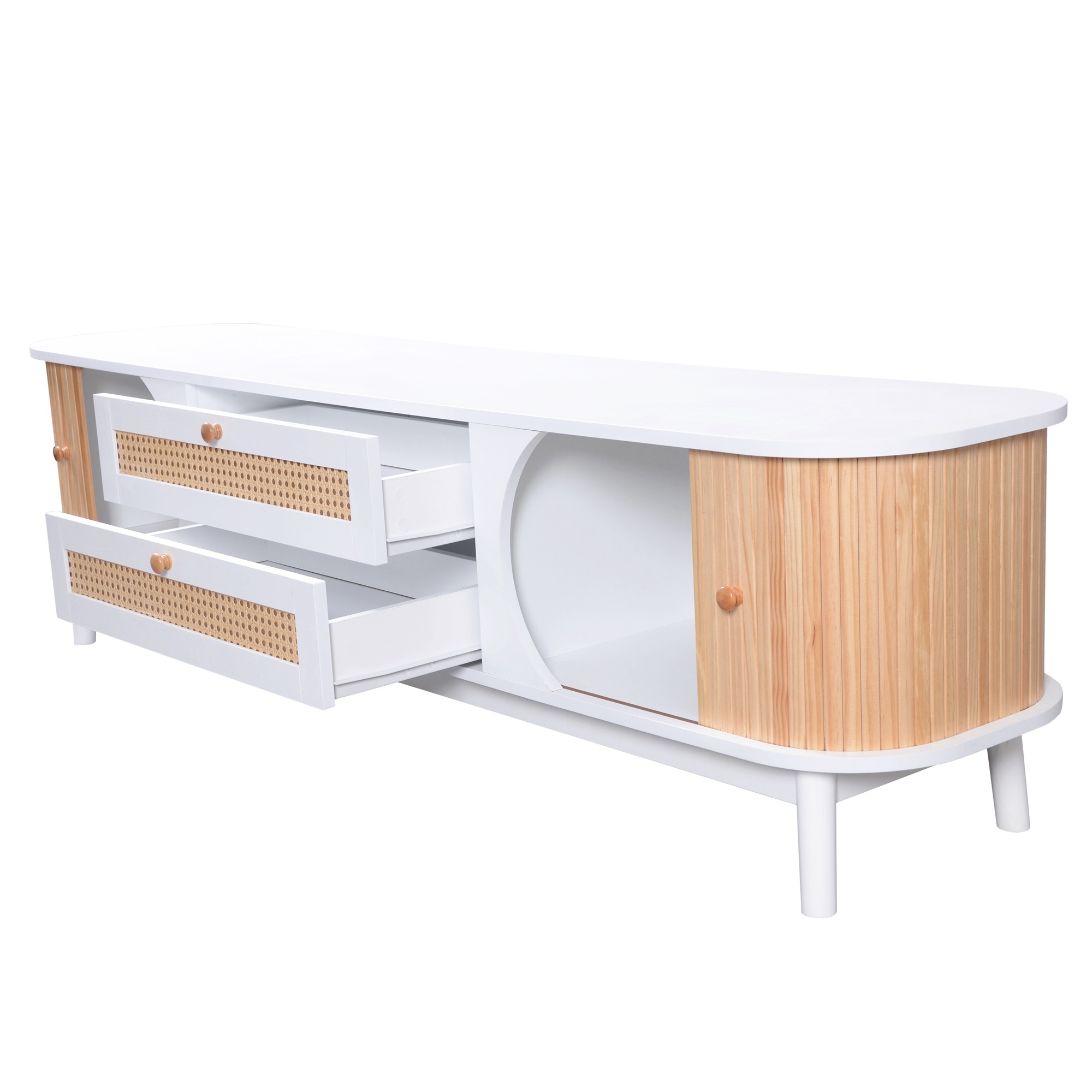 Meuble TV En Rotin Et Bois Massif 170x46cm - 2 Portes Et 2 Tiroirs - Style Rustique Pour Salon