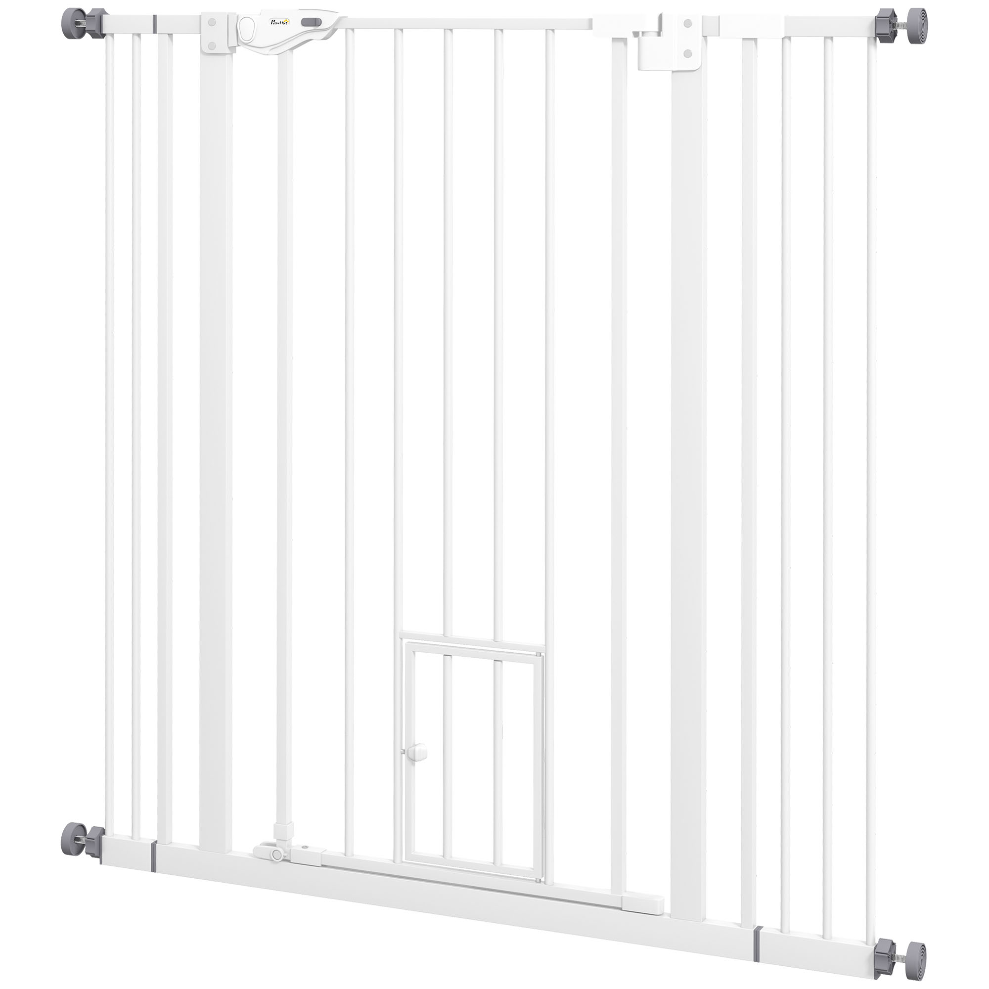 PawHut Barrera de Seguridad Extensible con Puerta Pequeña Cierre Automático y Sistema de Doble Bloqueo 74-101x104,1 cm Blanco   Aosom España