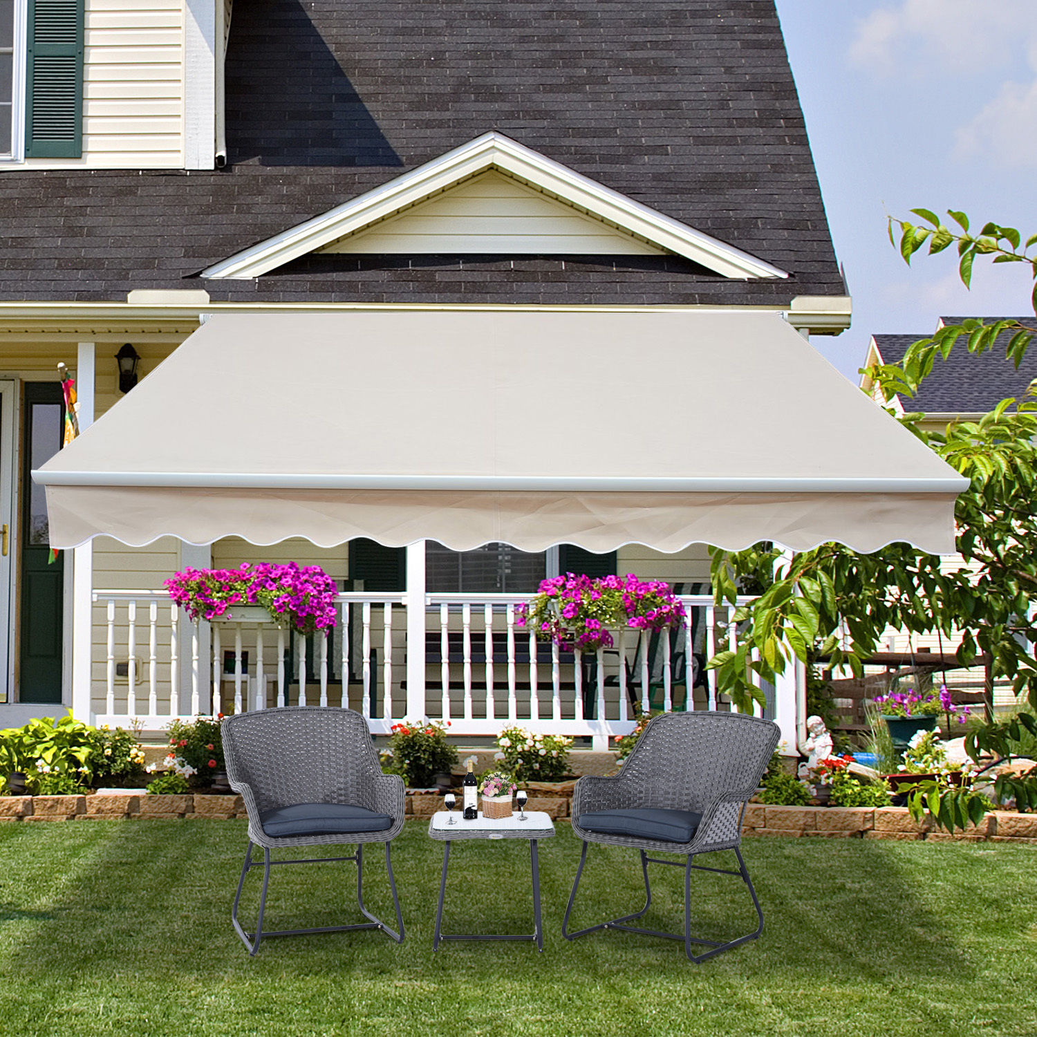 Outsunny Zonwering Knikarmscherm Terras Zonnescherm met Handmatige Zwengel Weerbestendig Aluminium Frame UV-bestendig Doek 4.5x3m Beige | Aosom.nl