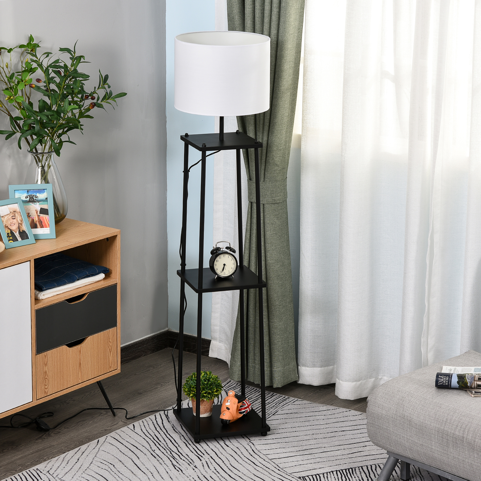 HOMCOM Stehlampe – E27, 152 Cm Hoch, Metallstativ Mit Weißem Schirm, 3 M Kabel, Schwarz/Weiß