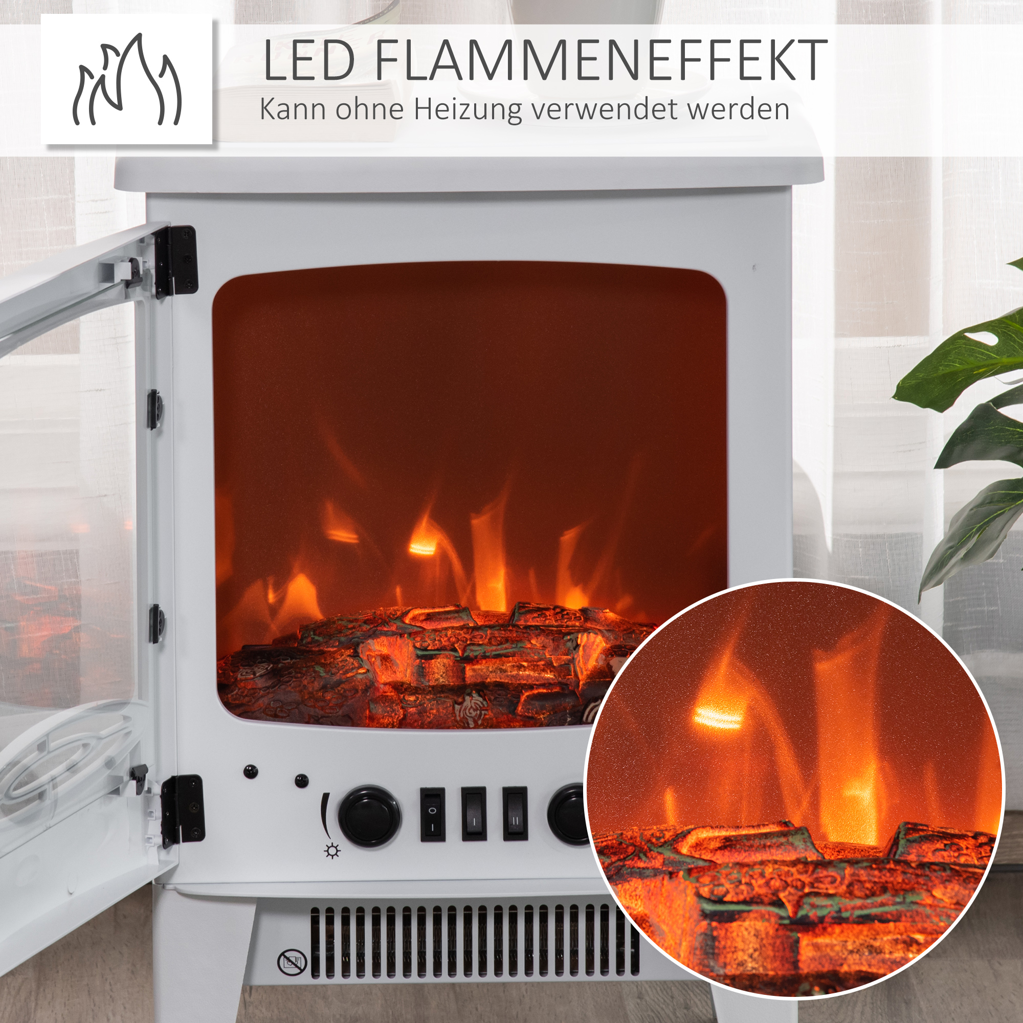 Elektriline kamin küttekehaga, elektriline kamin LED-leegiefektiga, 900/1800 W dekoratiivkamin, elektriline kamin-ahi, valge