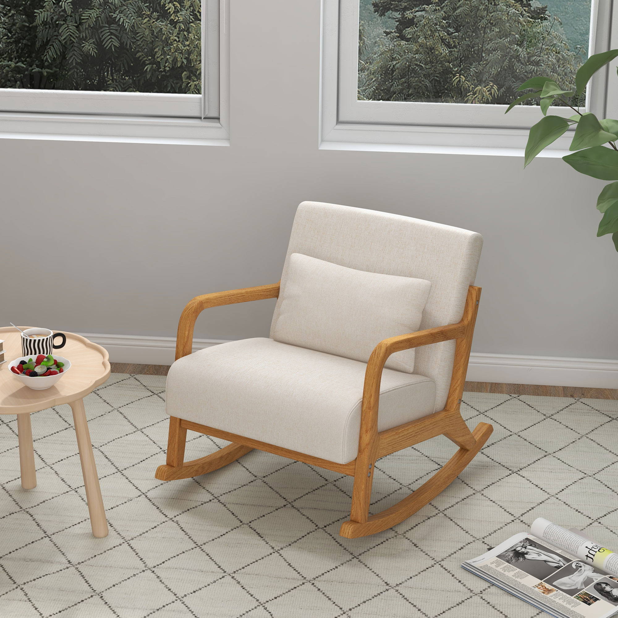 HOMCOM Relaxfauteuil met Schommelfunctie en Afneembare Poten Comfortabele Stoel met Lendesteun in Beige Linnen Look | Aosom.nl