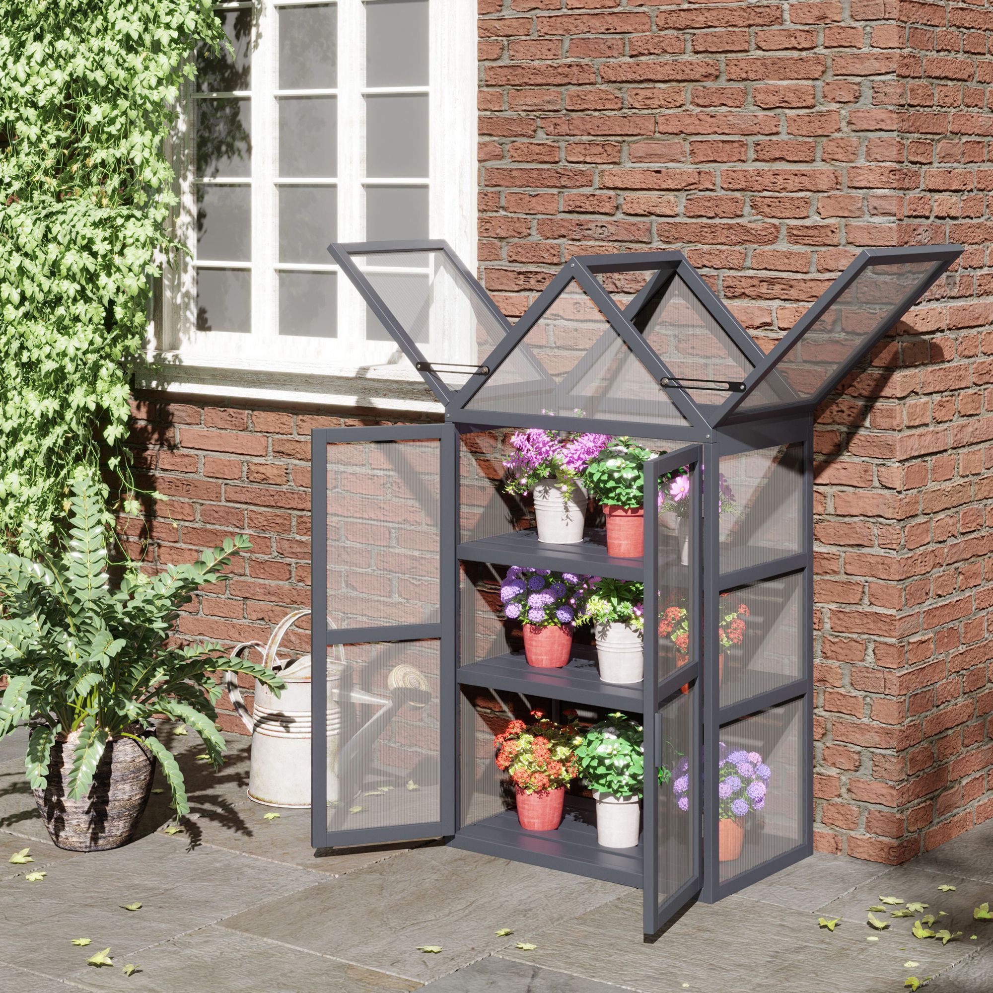 Outsunny Frühbeet Mini Gewächshaus 3 Ebenen Treibhaus Pflanzenbeet mit aufklappbarem Dach Doppeltüren aus Holz Polycarbonat wetterfest Natur 70,5 x 42