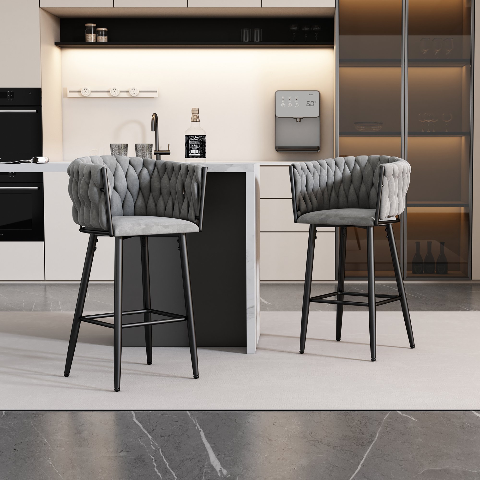 Set 2 Sgabelli Da Bar In Velluto Con Gambe Oro - Altezza 65 Cm - Imbottiti Per Cucina E Pub