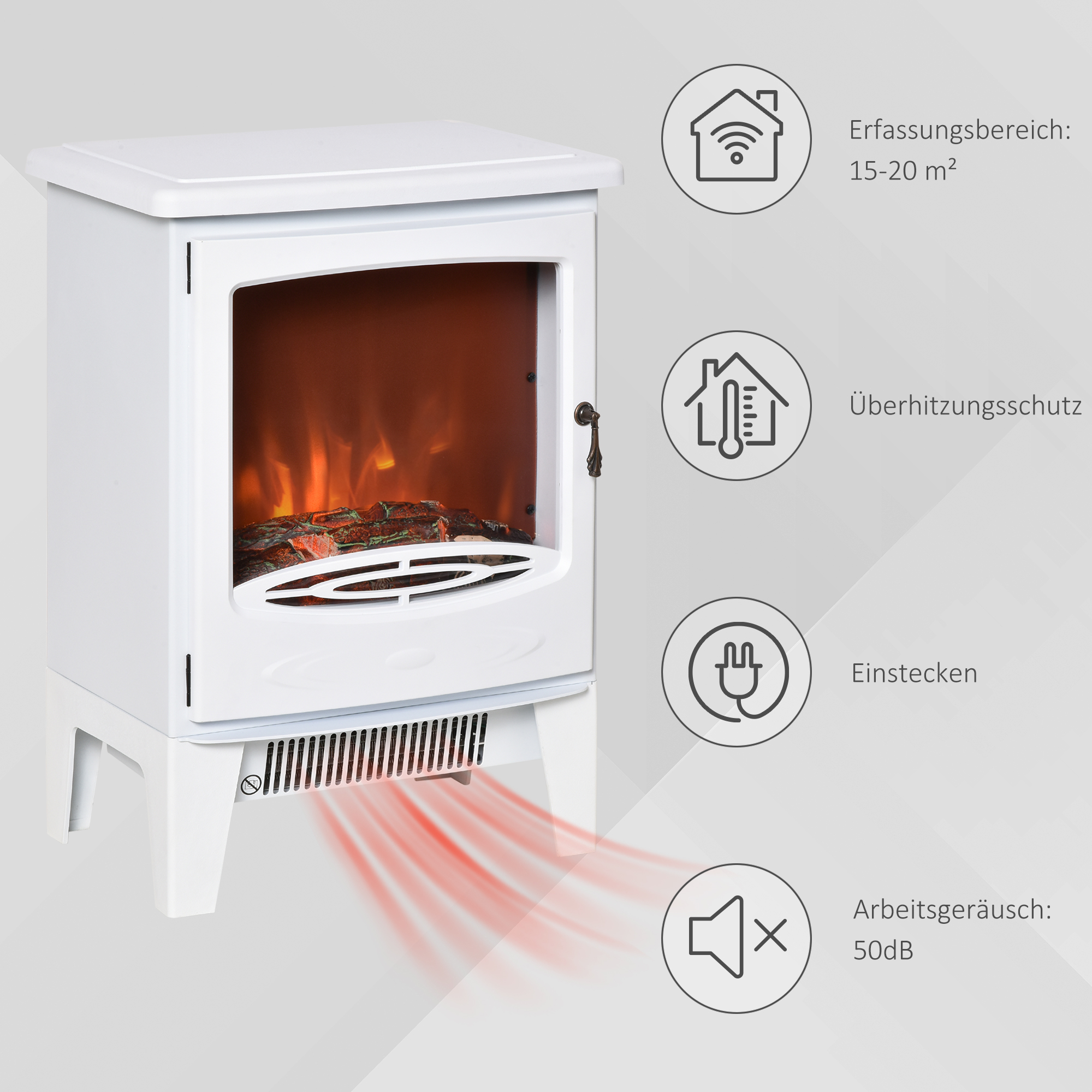 Elektriline kamin küttekehaga, elektriline kamin LED-leegiefektiga, 900/1800 W dekoratiivkamin, elektriline kamin-ahi, valge