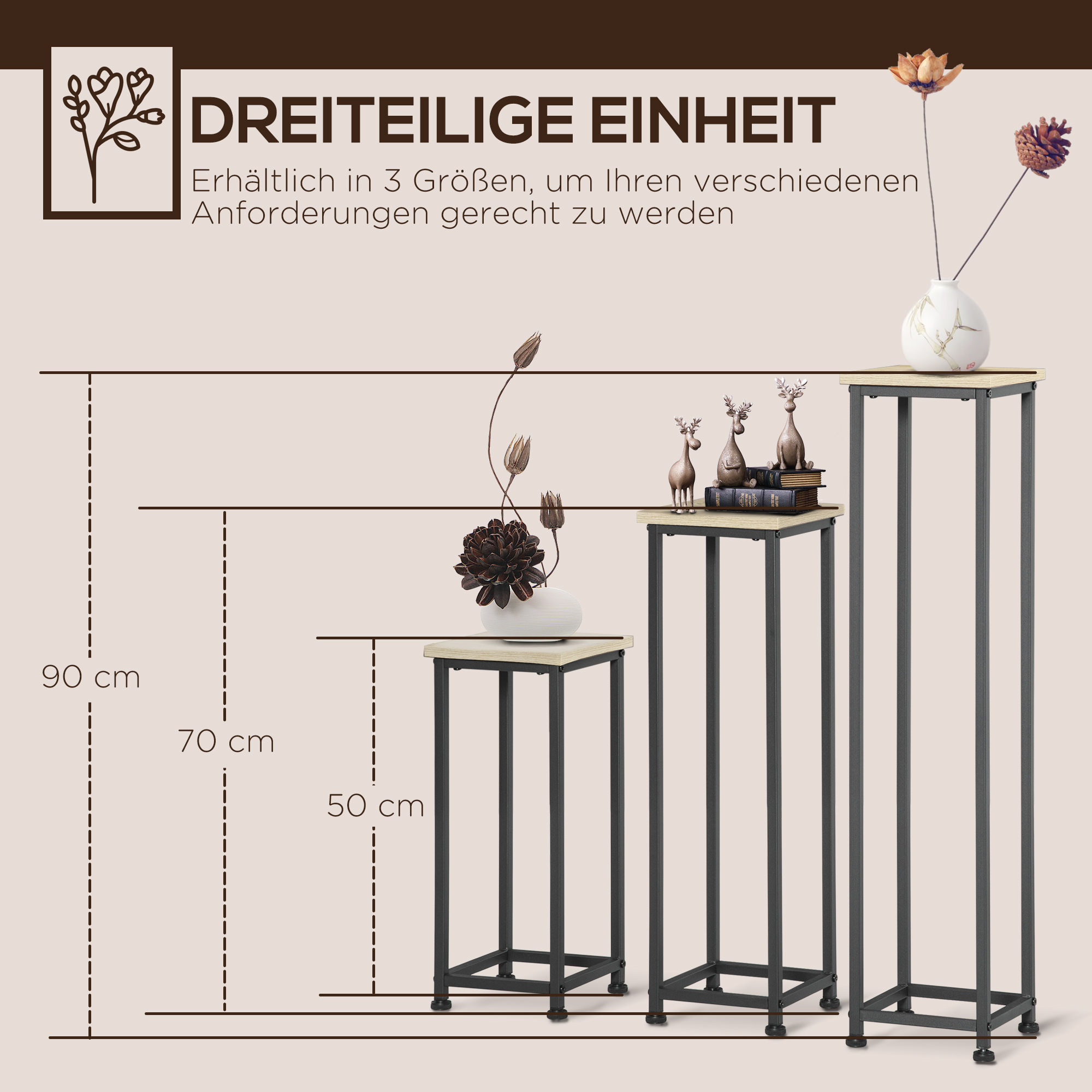 3-osaline komplekt virnastatavaid, ruumisäästlikke lillealuseid, 21 cm x 21 cm x 50/70/90 cm, teras, pruun + must