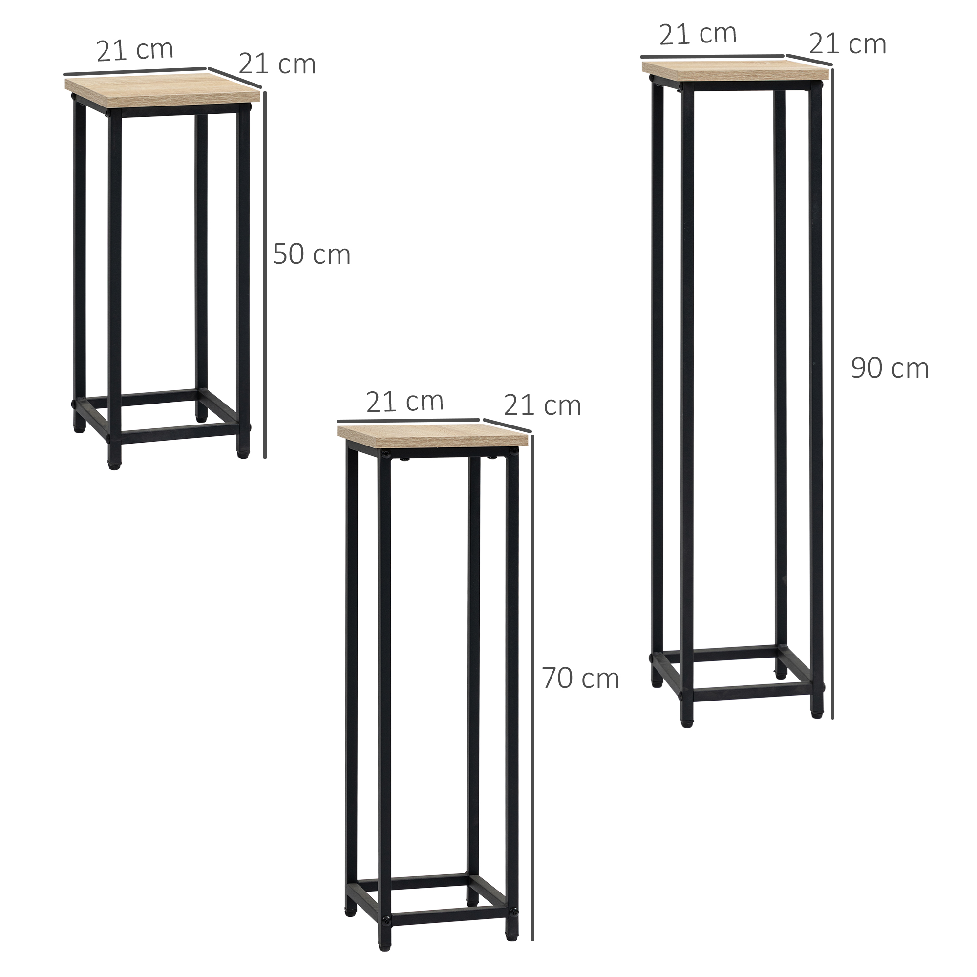 3-osaline komplekt virnastatavaid, ruumisäästlikke lillealuseid, 21 cm x 21 cm x 50/70/90 cm, teras, pruun + must