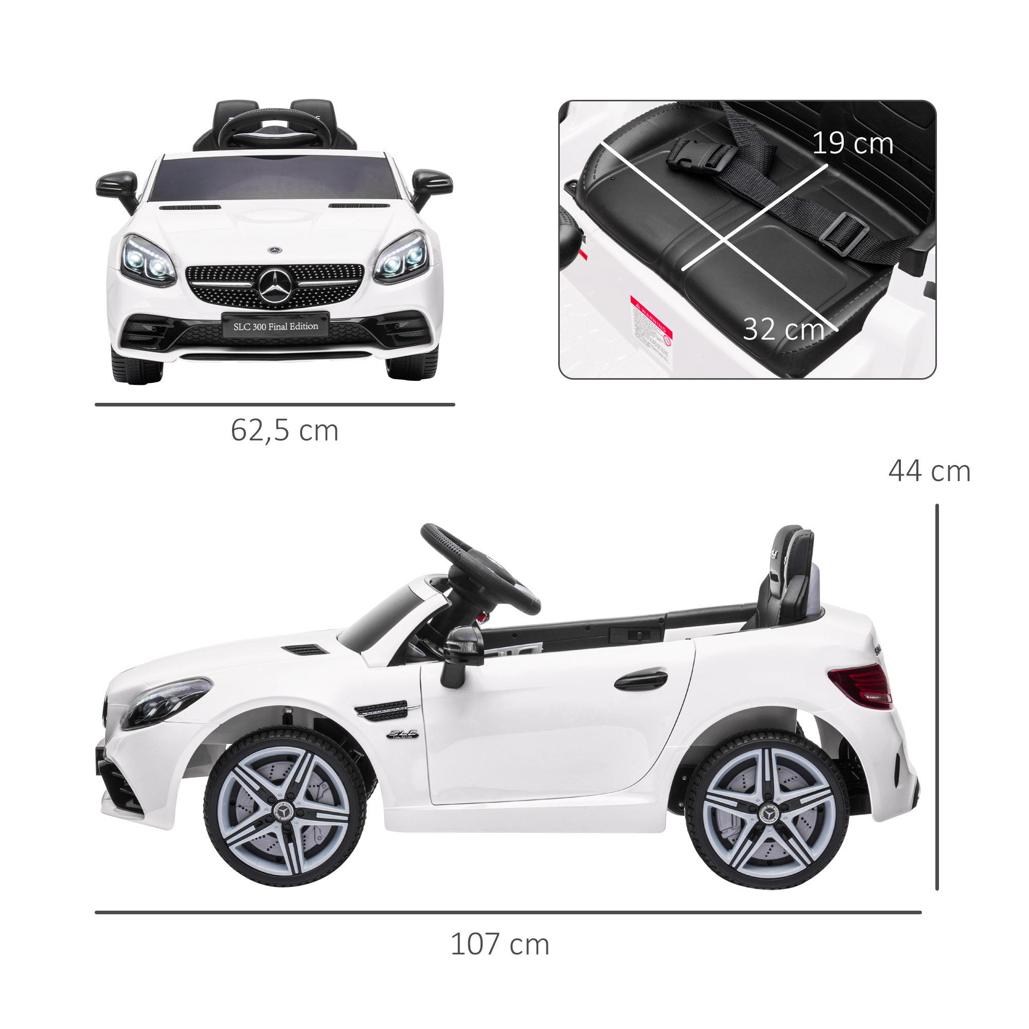 Laste elektriauto, LED-esitulede, turvavöö, signaali ja muusikaga, 3–5 km/h, valge, 107 x 62,5 x 44 cm