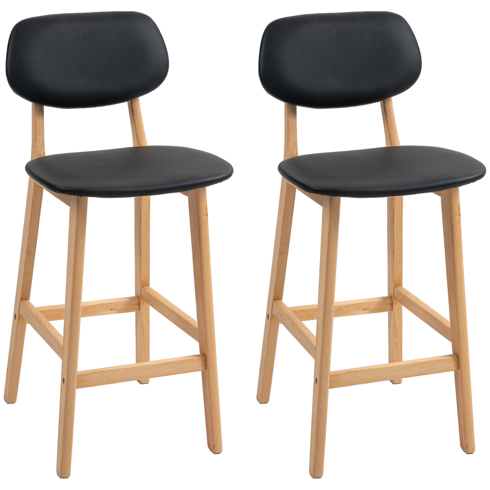HOMCOM Set 2 Taburete cu Spătar și Tapițerie din Piele Artificială, Taburete Înalte din Lemn, 42x47x92 cm, Negru | Aosom Romania