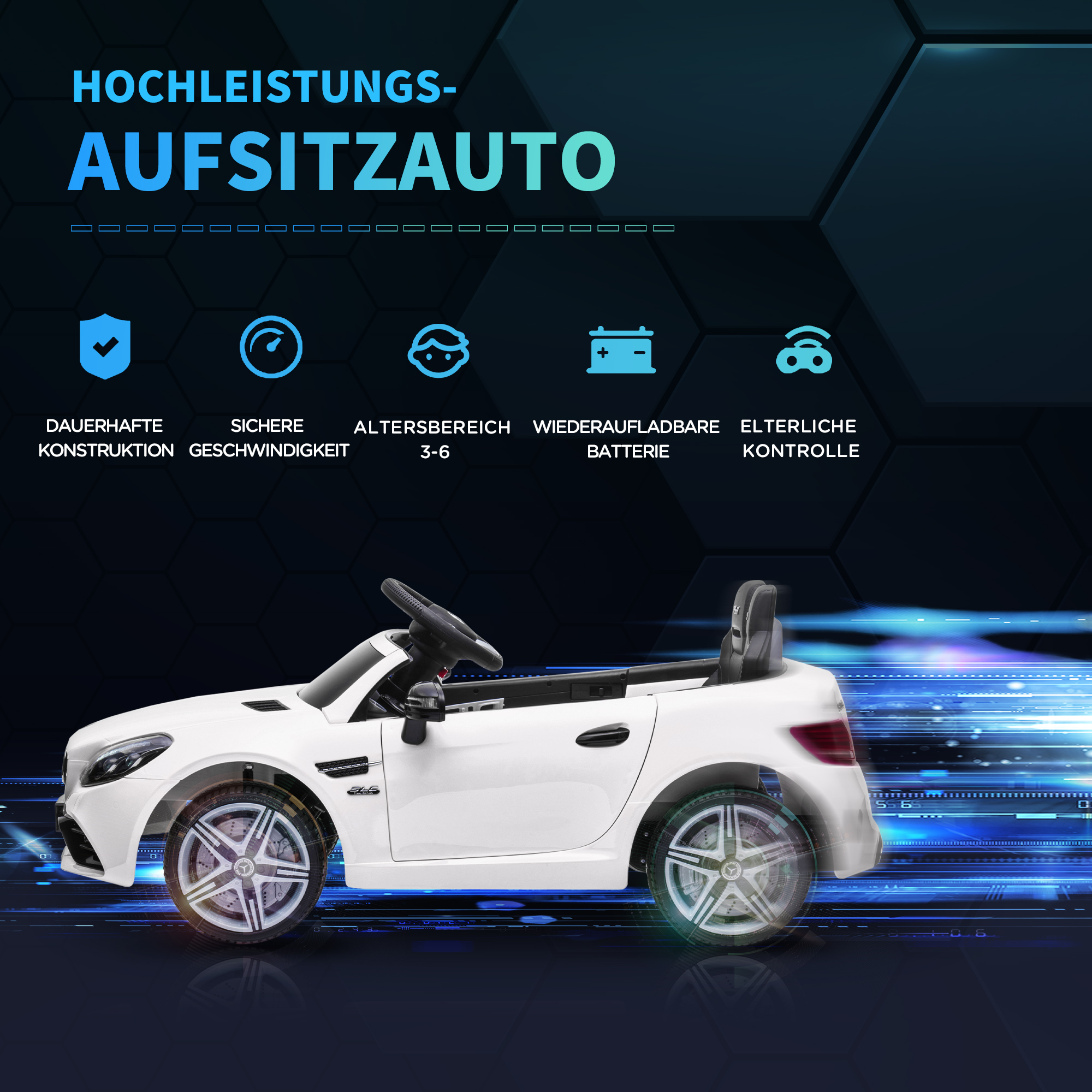Laste elektriauto, LED-esitulede, turvavöö, signaali ja muusikaga, 3–5 km/h, valge, 107 x 62,5 x 44 cm