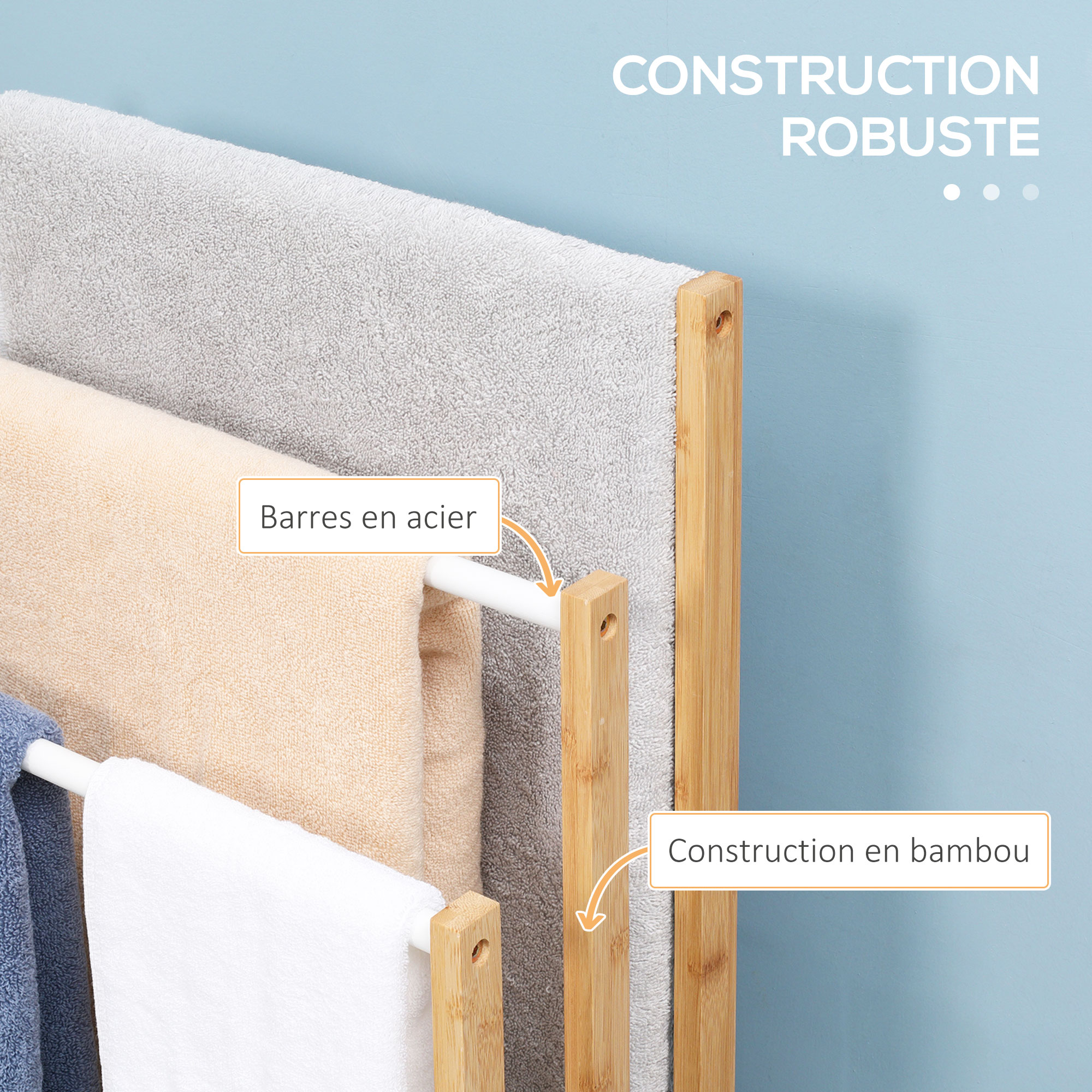 Porte-serviettes Bambou HOMCOM - 3 Barres - 48x25.8x94 Cm - Autoportant Pour Salle De Bain