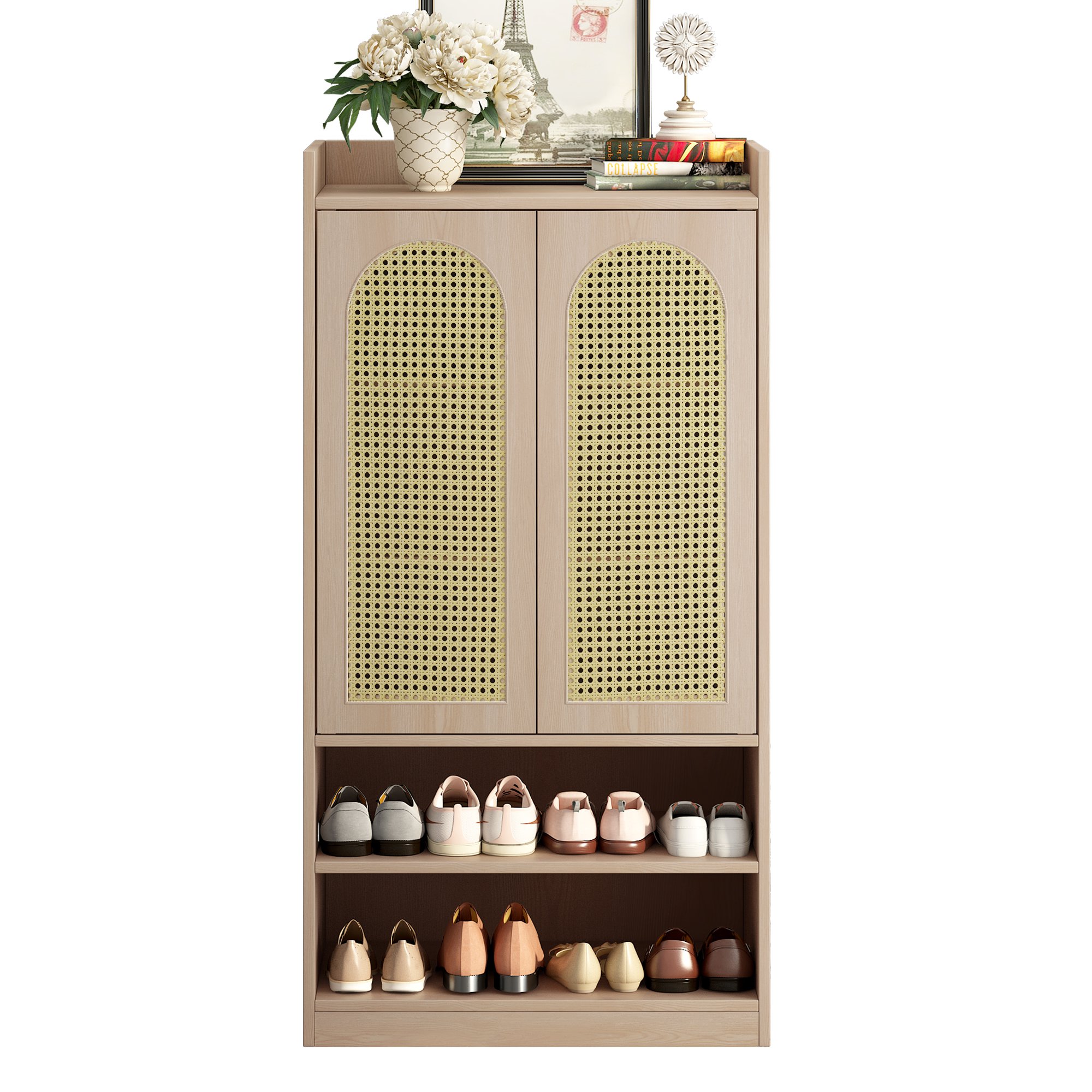 Meuble à Chaussures Étroit 2 Portes En Rotin – Rangement Jusqu’à 28 Paires – Pour Entrée, Salon, Couloir (80 X 24 X 102 Cm) - 6