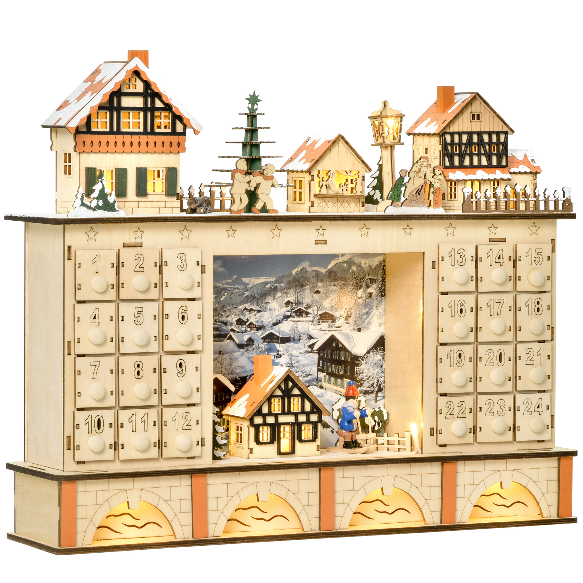 HOMCOM Calendario dell'Avvento in Legno con 24 Cassetti da Riempire, Decorazione con Villaggio di Natale e Luci, 44x10x37cm