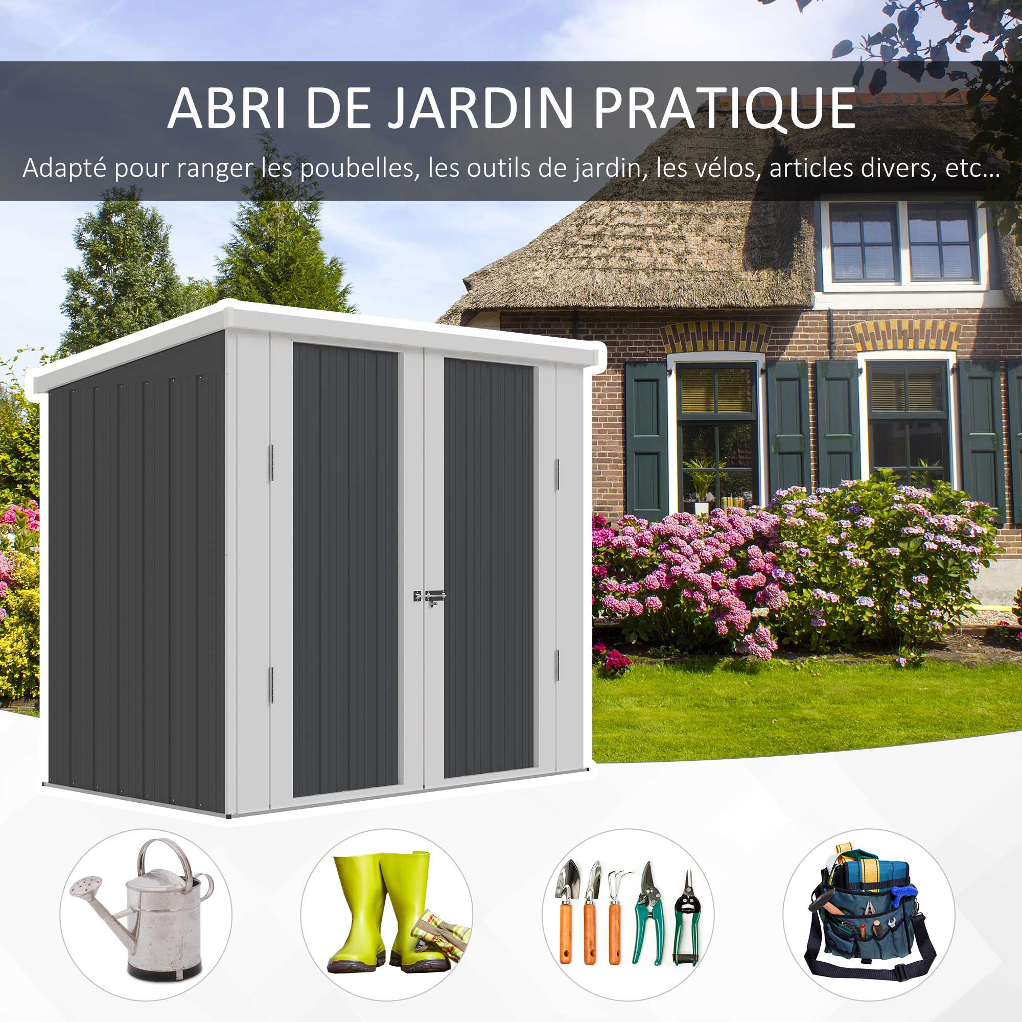 Abri De Jardin Outsunny 1,26m² | Remise Métallique Pour Outils/Poubelles | 2 Portes Verrouillables | 147x86x134cm