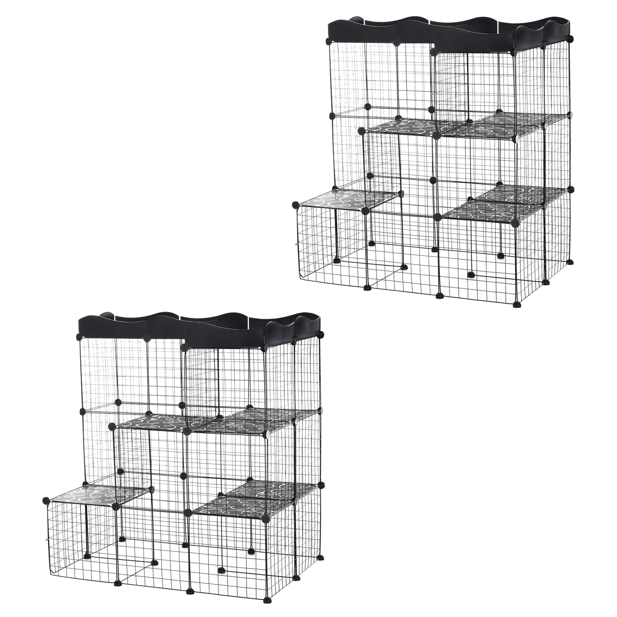 PawHut Lot de 2 cages parc enclos pour petits animaux chats visons modulable 3 niveaux 2 portes rampe fil métallique noir