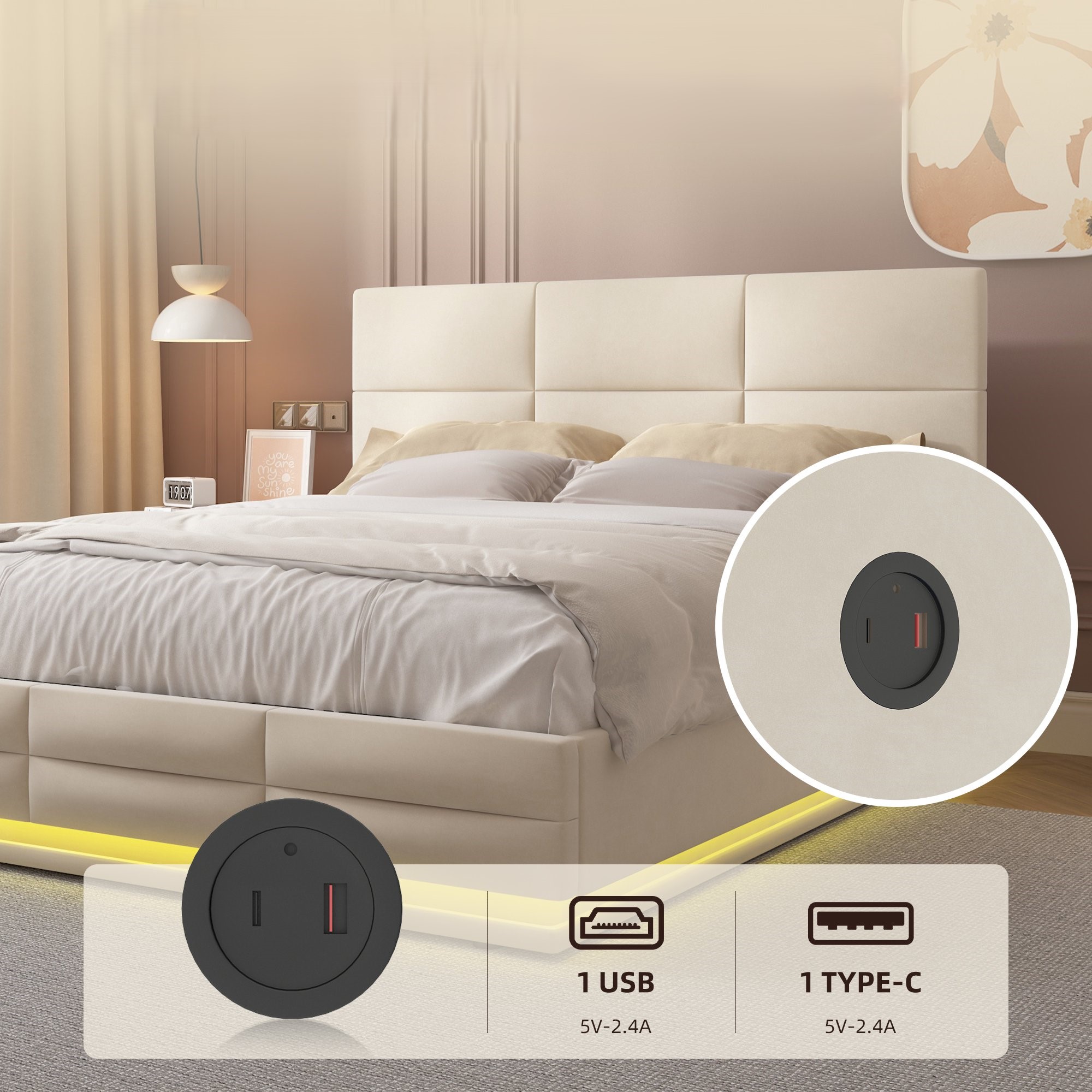 Letto imbottito 160x200cm bianco: luce ambiente + telecomando a 24 pulsanti, alza/abbassa, USB + Type-C, ampio spazio di archiviazione | Leroy Merlin