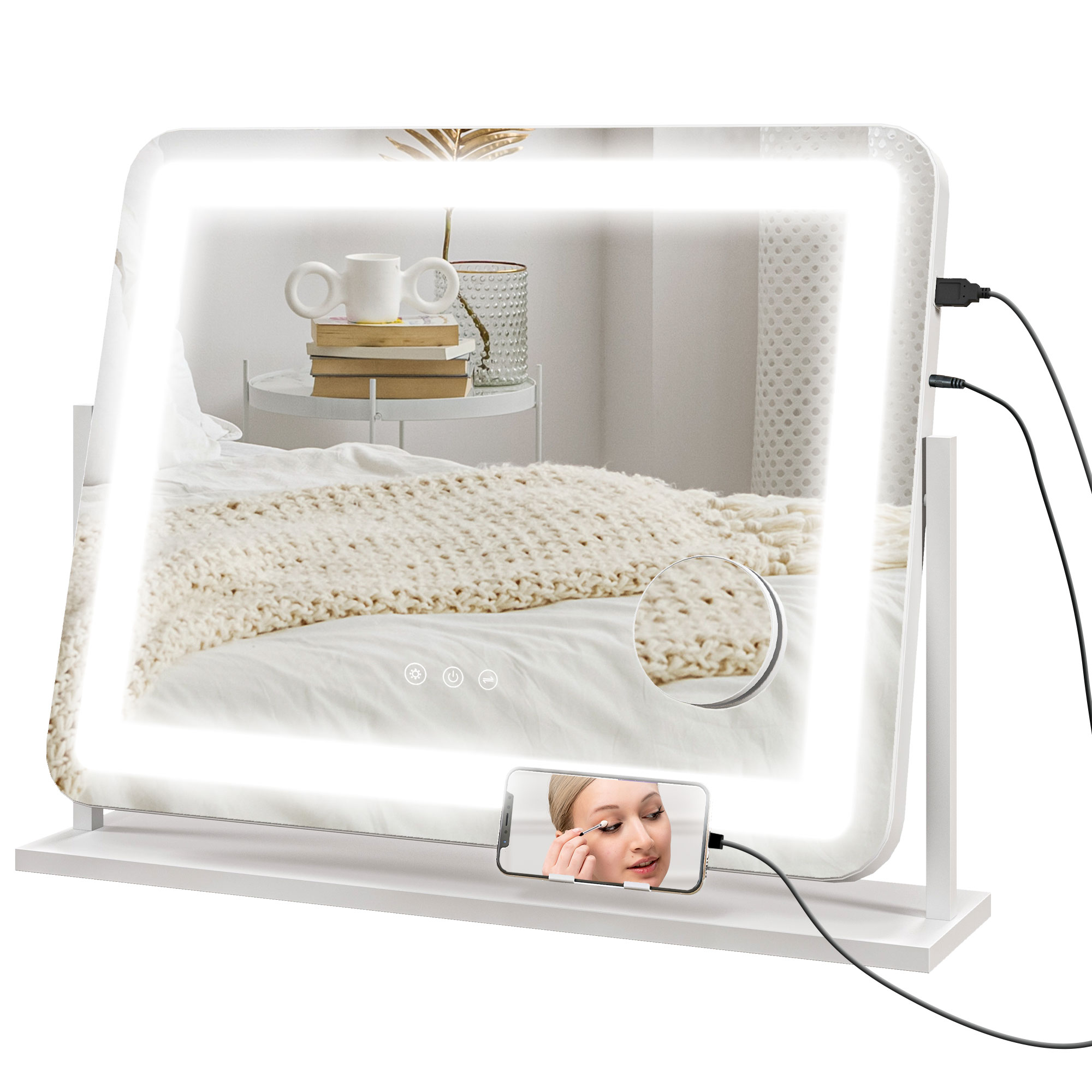 HOMCOM Espejo de Tocador Giratorio 58x46 cm con 3 Modos de Iluminación Ajustables Interruptor Táctil Espejo de Aumento Blanco