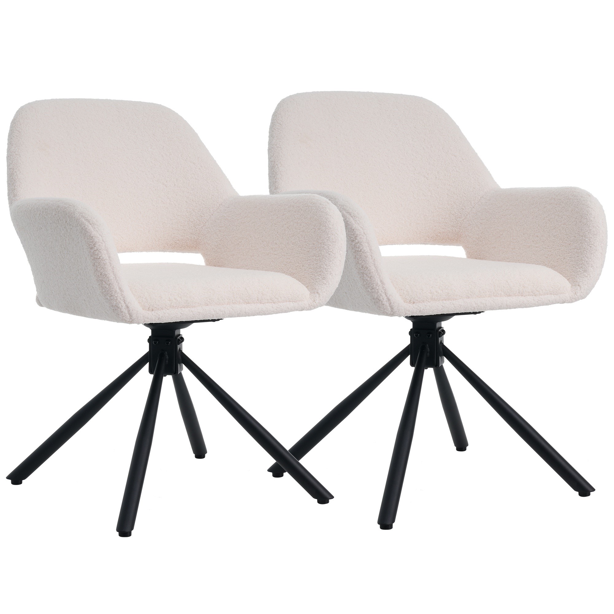 Set de 2 scaune de dining moderne, tapițate în sherpa, cu cotiere și funcție rotativă, Alb