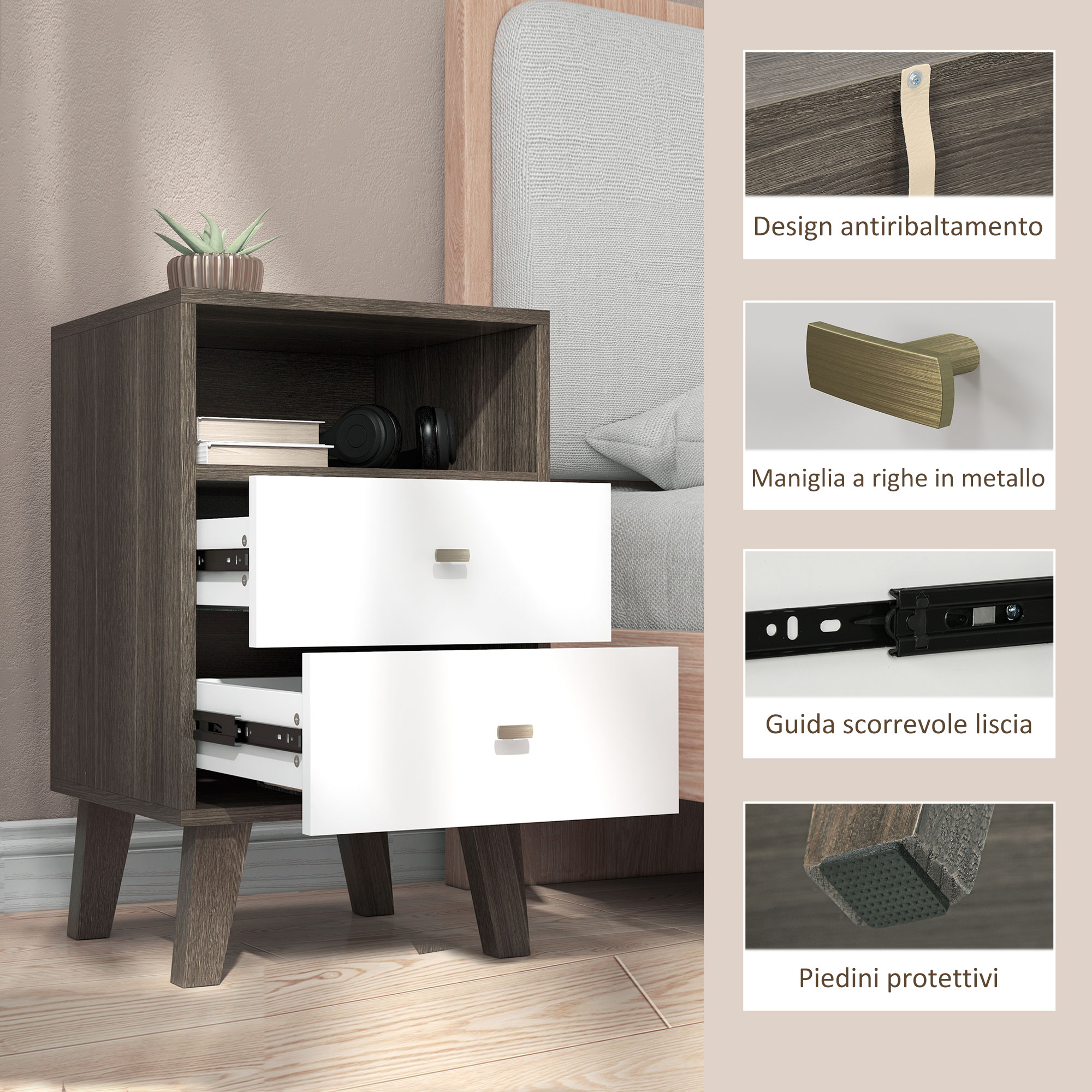 Comodini HOMCOM Set 2 - Con 2 Cassetti - Design Rovere - Per Camera Da Letto