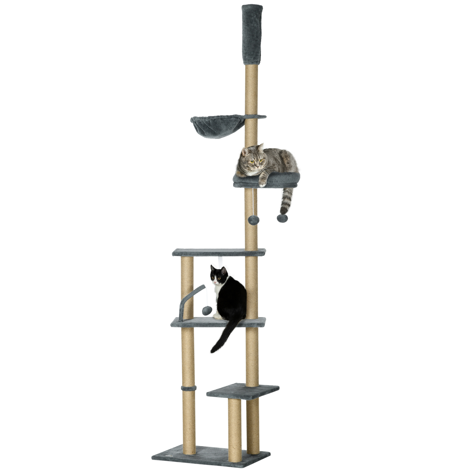 PawHut Árbol para Gatos de Suelo a Techo de 230-250 cm con Altura Ajustable Múltiples Plataformas Cestos Hamaca Bolas Gris