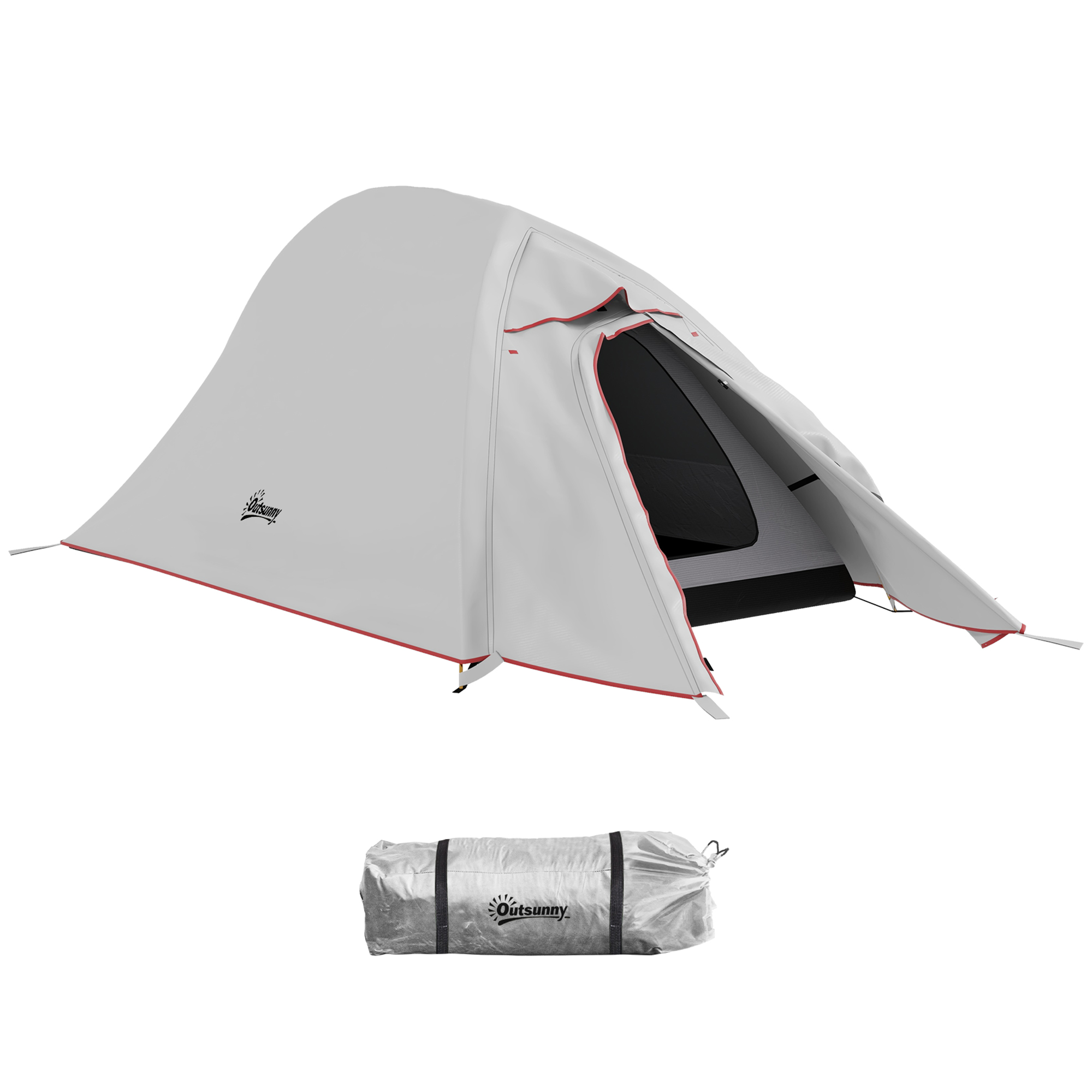 Outsunny Tenda da Campeggio 2 Posti con Borsa da Trasporto, in Poliestere e Alluminio, 300x135x110 cm, Grigio Chiaro Aosom