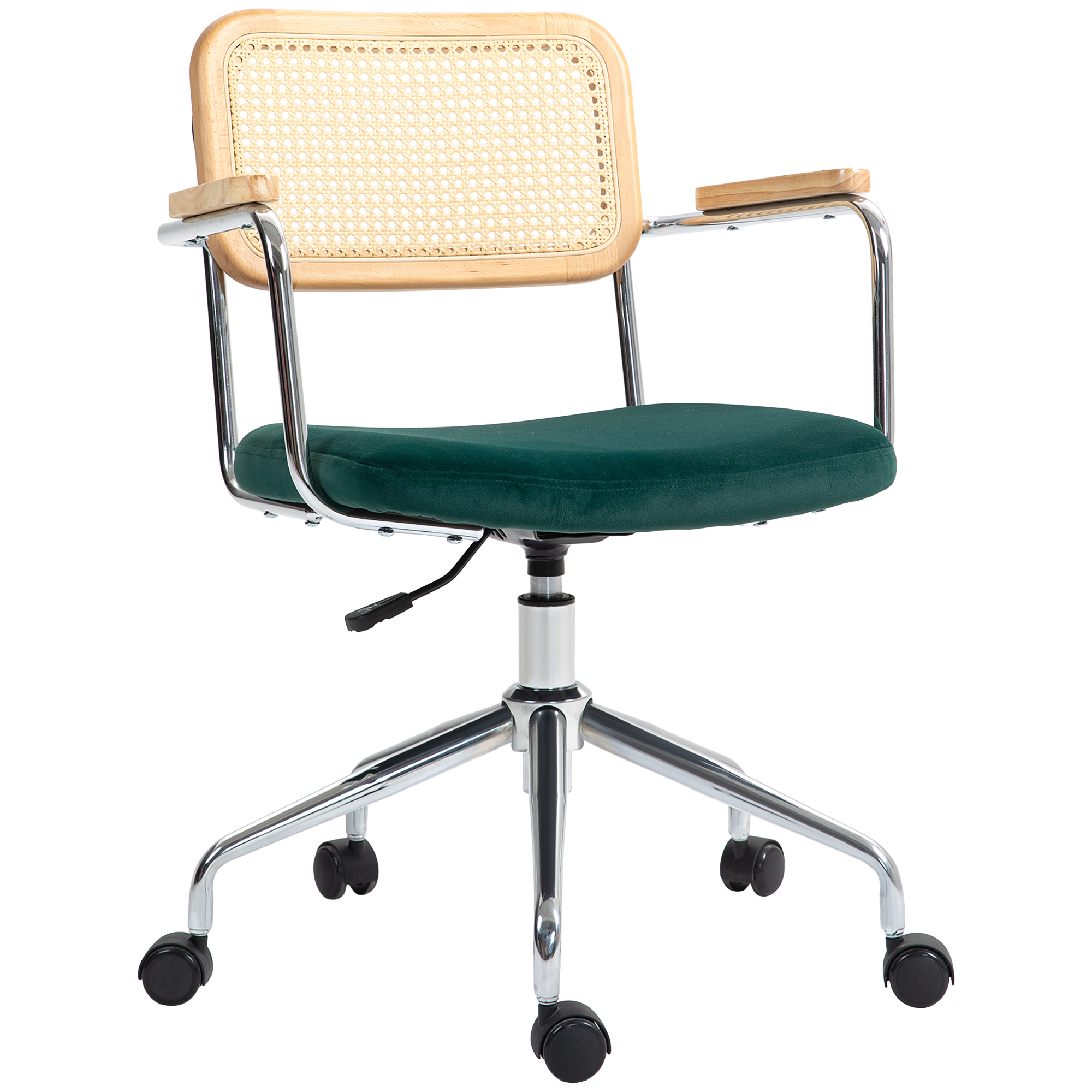 HOMCOM Bureaustoel in Boho Ontwerp met Houten Armleuningen Luxe Retro Fluweel-look Hoogte Verstelbaar 57 x 57 x 80-88 cm tot 120kg Groen | Aosom.nl