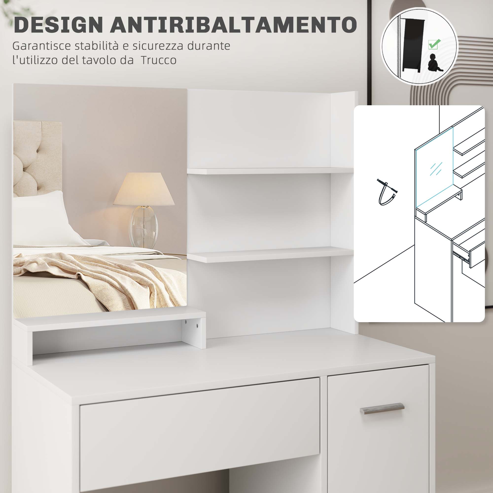 Homcom Set Tavolo Da Toeletta Con Specchio Ribaltabile E Sgabello Imbottito - Bianco